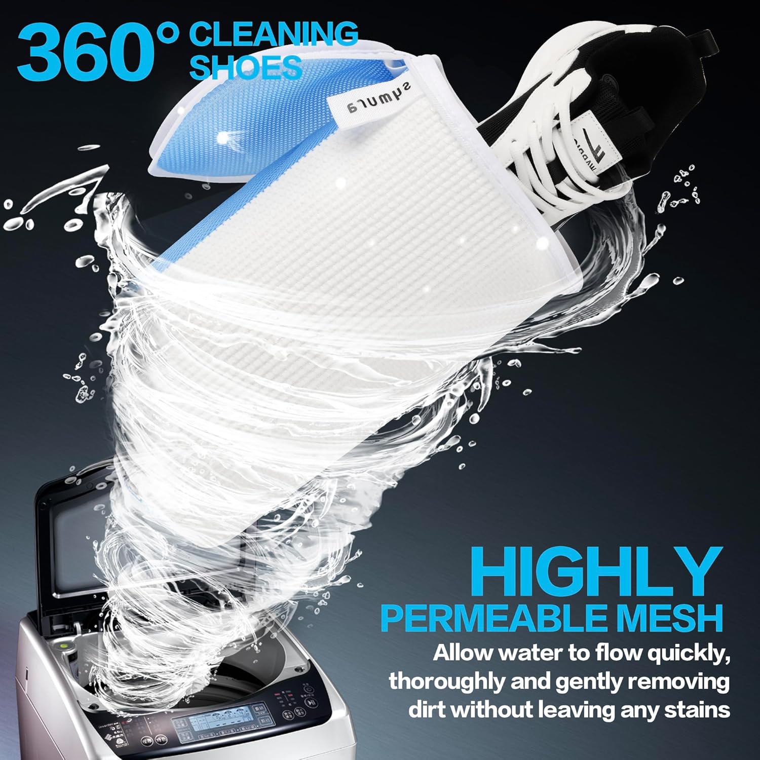 2 Pcs Shoe Washing Machine Bags, Tear Resistant Chenille Shoe Cleaner Bag,Large Size High Permeability Sneaker Mesh Laundry Bags with Lock Design– Hidden Zipper – No Deformation(Blue and White)