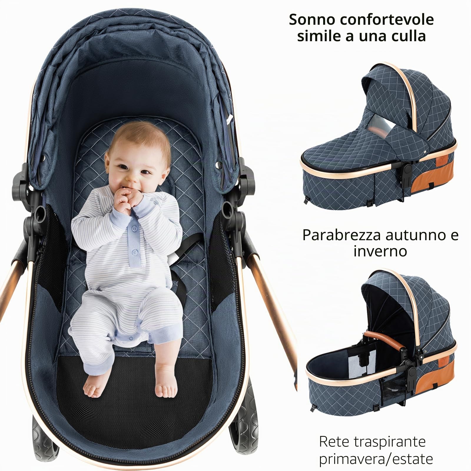 Passeggino Trio, Trio Passeggino Neonati con Due Modi Reversibili per Spingere, Passeggino 3 in 1 con Una Lega di Alluminio a Cornice, Trio con Design Pieghevole in Un Clic (225 Chocolate)