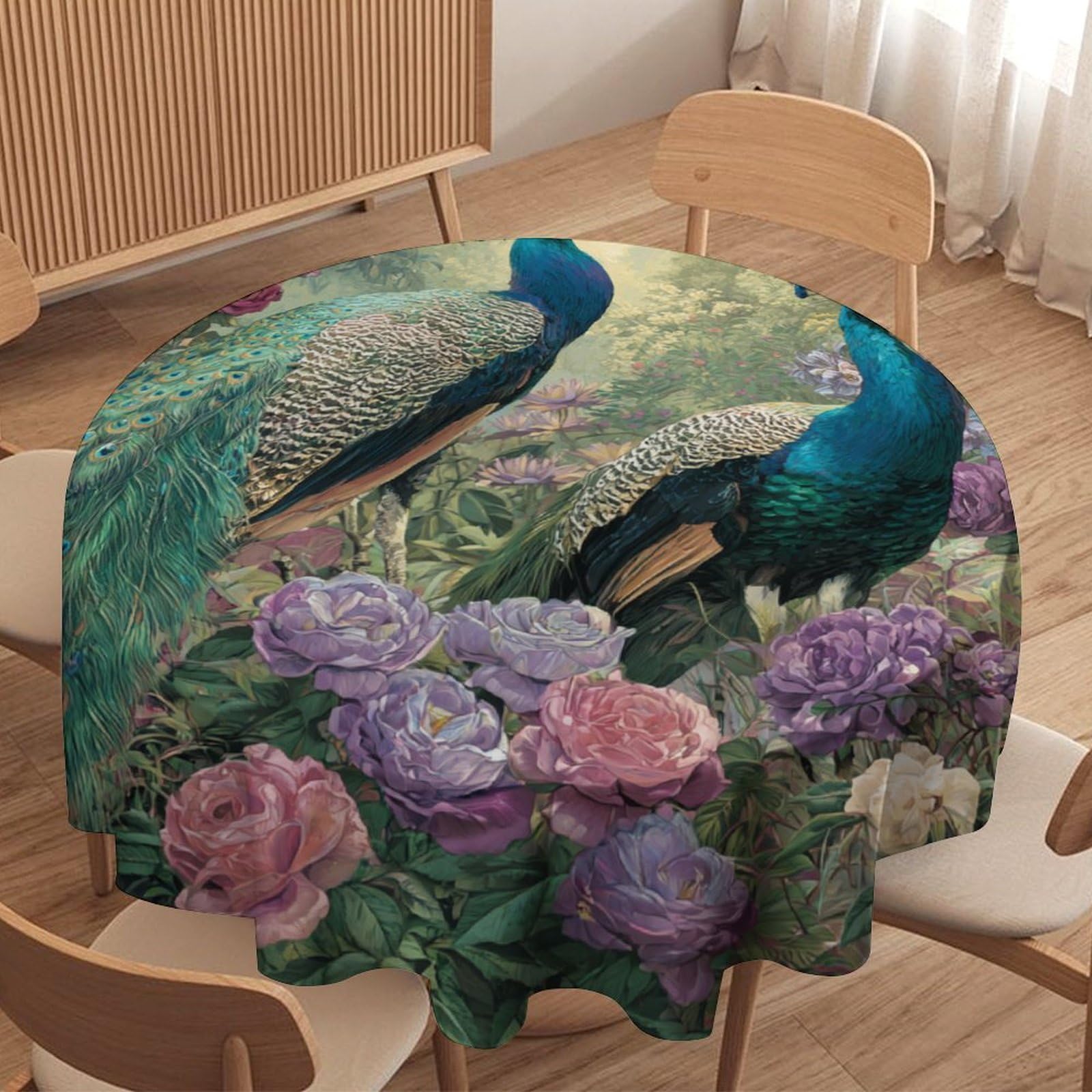 LUYYSKY Beautiful Abstract Elegant Peacock Waterproof Round Tablecloth Realistic Watercolor Spring Rose Floral Animal Peacock Washable Table Cover for Kitchen-177.8" Wx177.8 L cm