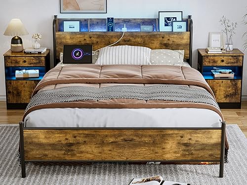 Miniatura 8 de Base de cama Queen con luces LED y estación de carga, cama de plataforma Queen con cabecera de estante de almacenamiento, soporte de listones de