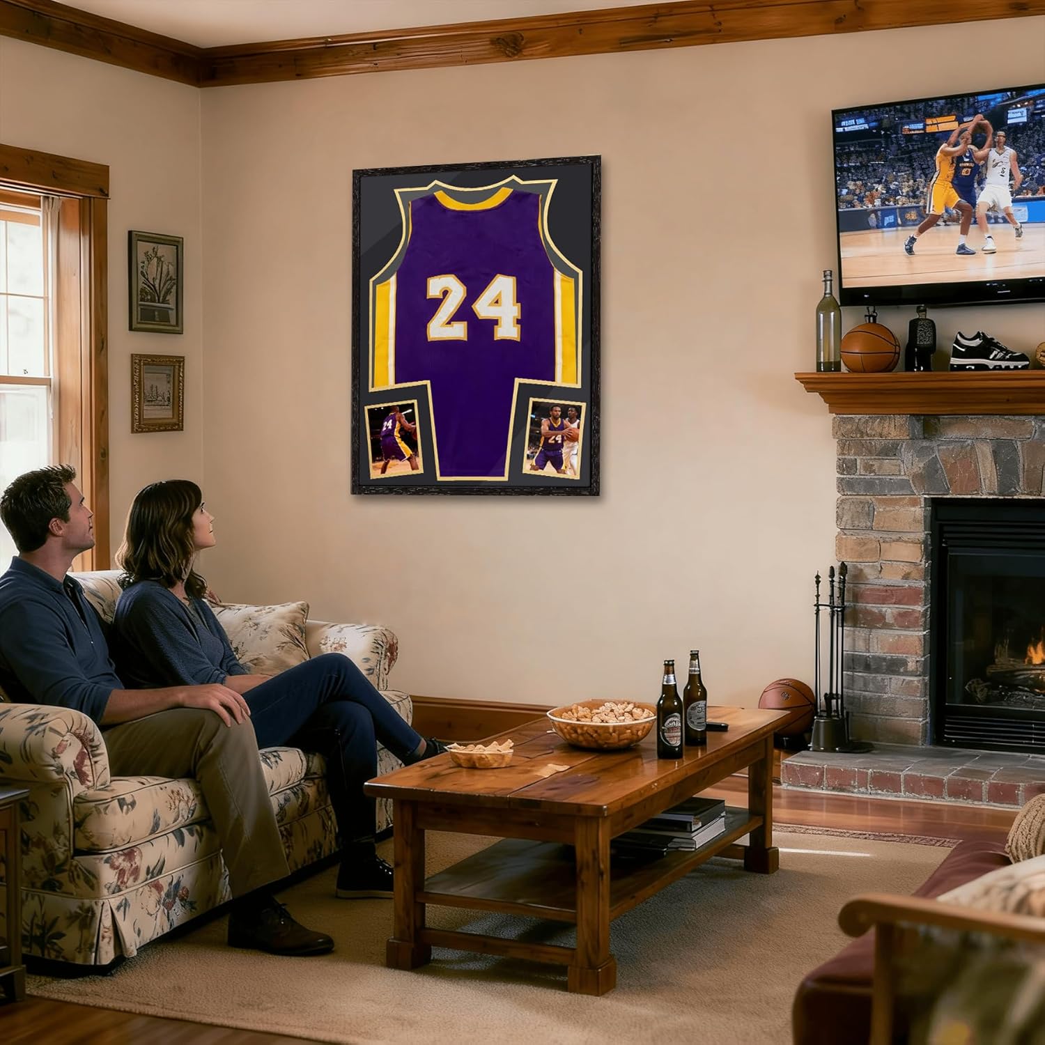 Jersey Frame Display Case for Basketball,Solid Wood Shadow Box with PET Transparent Protection,4x6 Two Photo Frame, Black Walnut Finish