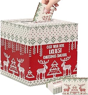 HEIPINIUYE Ugly Sweater Contest Ballot Box with 48 Voting Cards for Ugly Sweater Party Christmas New Year