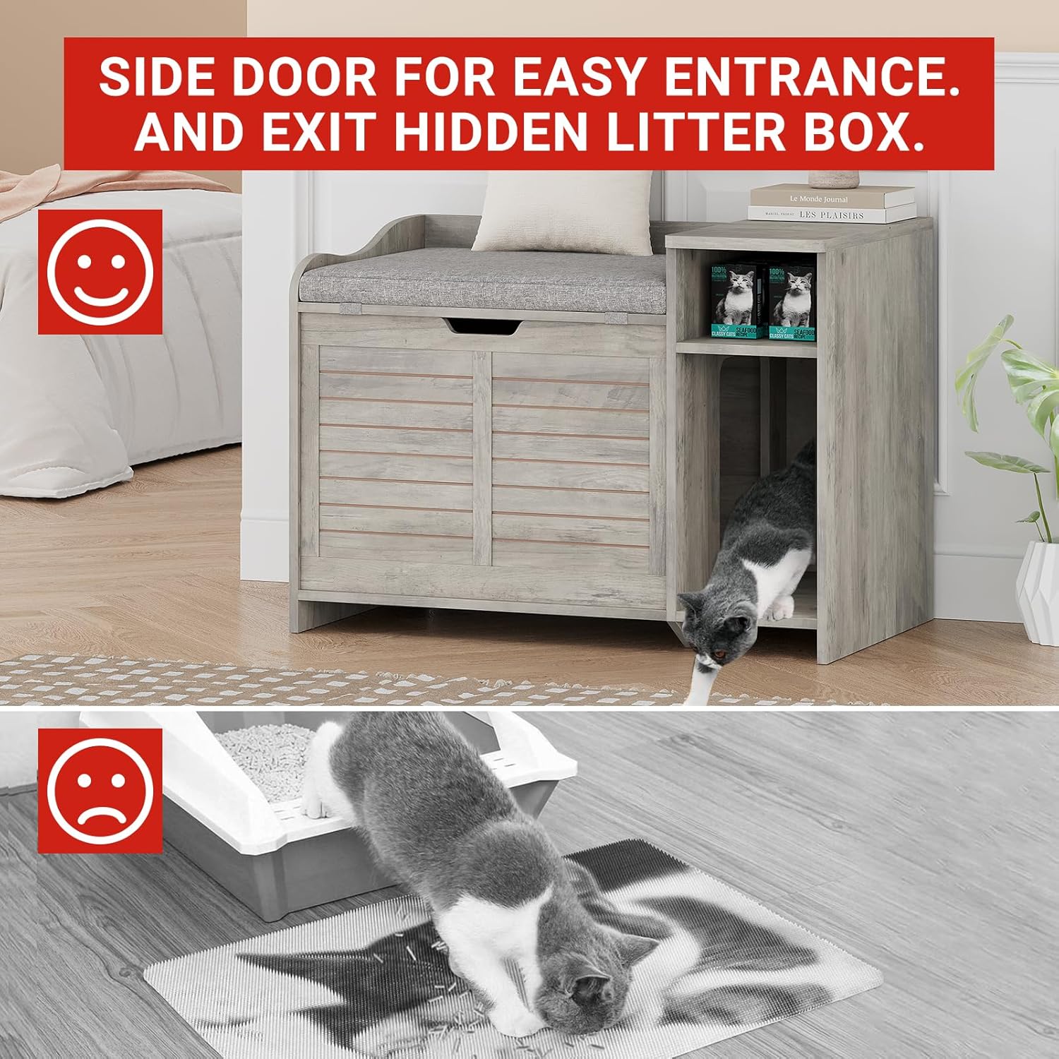 Cat Litter Box Enclosure with Cushion, Hidden Cat Litter Box Furniture, Condo Cabinet with Top Opening, Flip Top Feeding Station, Pet House Washroom, Grey