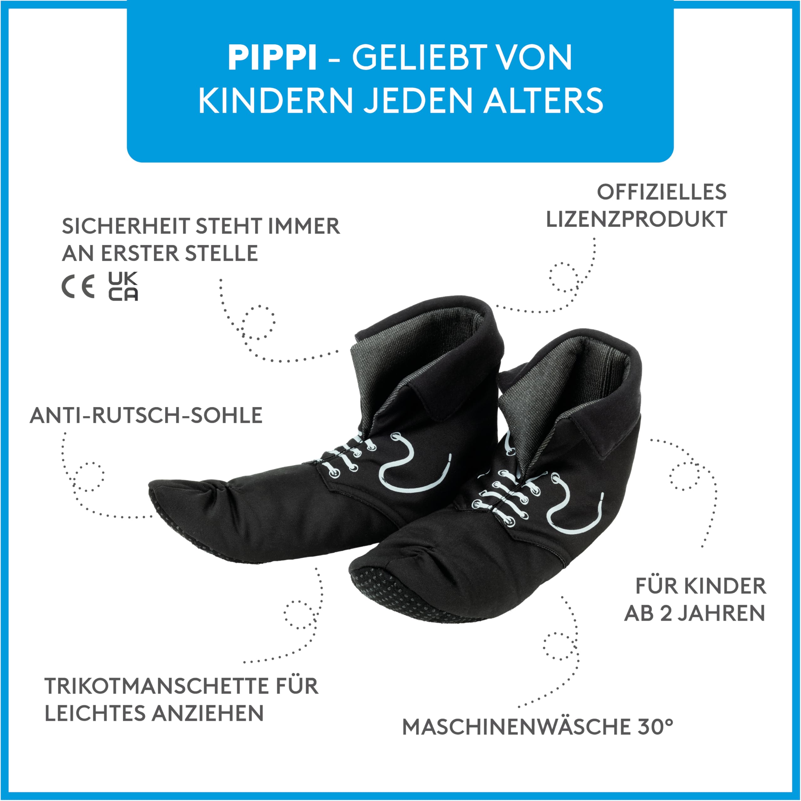 Pippi Langstrumpf Jungen & Mädchen Schuhe in Schwarz – Hausschuhe für Kinder & Kinderschuhe in Schuhgröße 36/37 – Faschingskostüm & Halloween Kostüm Schuhe für Kinder