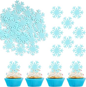 50 Pack Edible Snowflake Cupcake Toppers Snowflake Winter Cupcake Picks Water Paper Winter Frozen Cake Decorations for Snowflake Theme Baby Shower Kids Birthday Party Blue