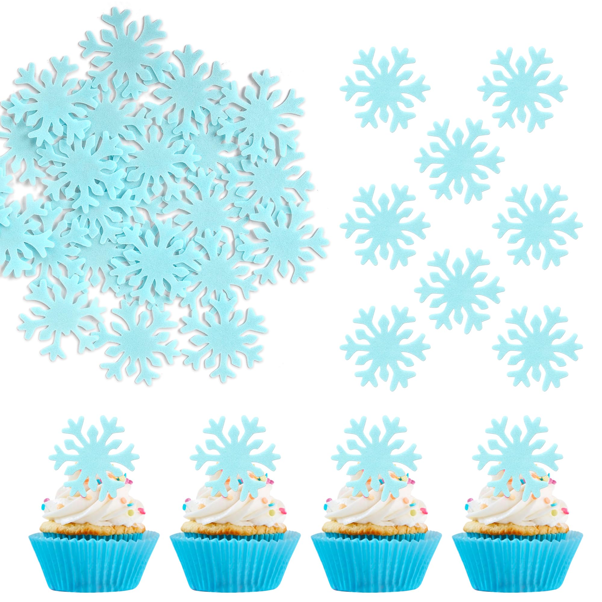 SYKYCTCY 50 Pack Edible Snowfalke Cupcake Toppers Winter Frozen Snowflake Cake Picks Decorations For Snowflake Theme Winter Wonderland Baby Shower Birthday Christmas Party Supplies Blue