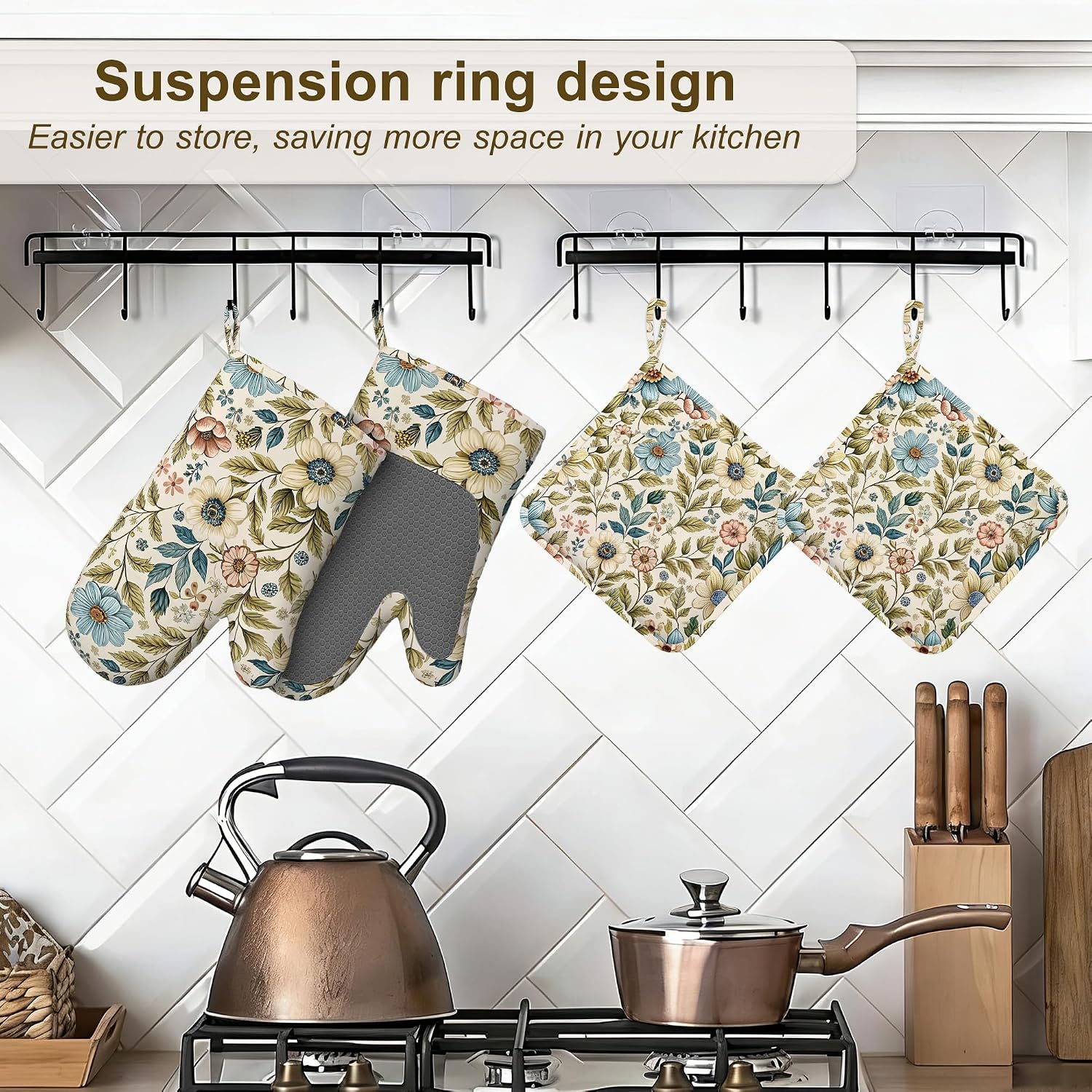 Boho Vintage Oven Mitts and Pot Holders Set of 4,Heat Resistant Non Slip Wildflower Floral Kitchen Gloves Hot Pads,Chef Cooking Baking Gifts for Women Bakers,Kitchen Gifts for Cooking Lover