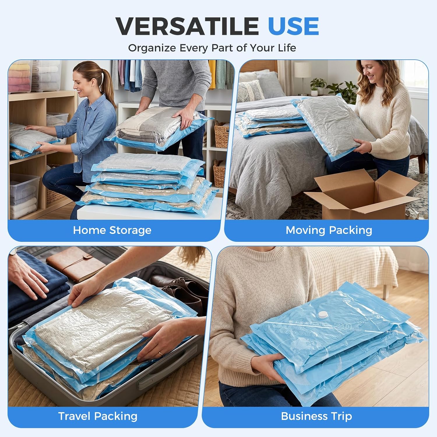 18 Pack Vacuum Storage Bags with Rechargeable LED Cordless Pump | 3 Sizes (20"/24"/28") Vacuum Seal Bags for Clothing Travel, Seasonal Storage, Luggage, Suitcase, Save Space, Reusable Durable