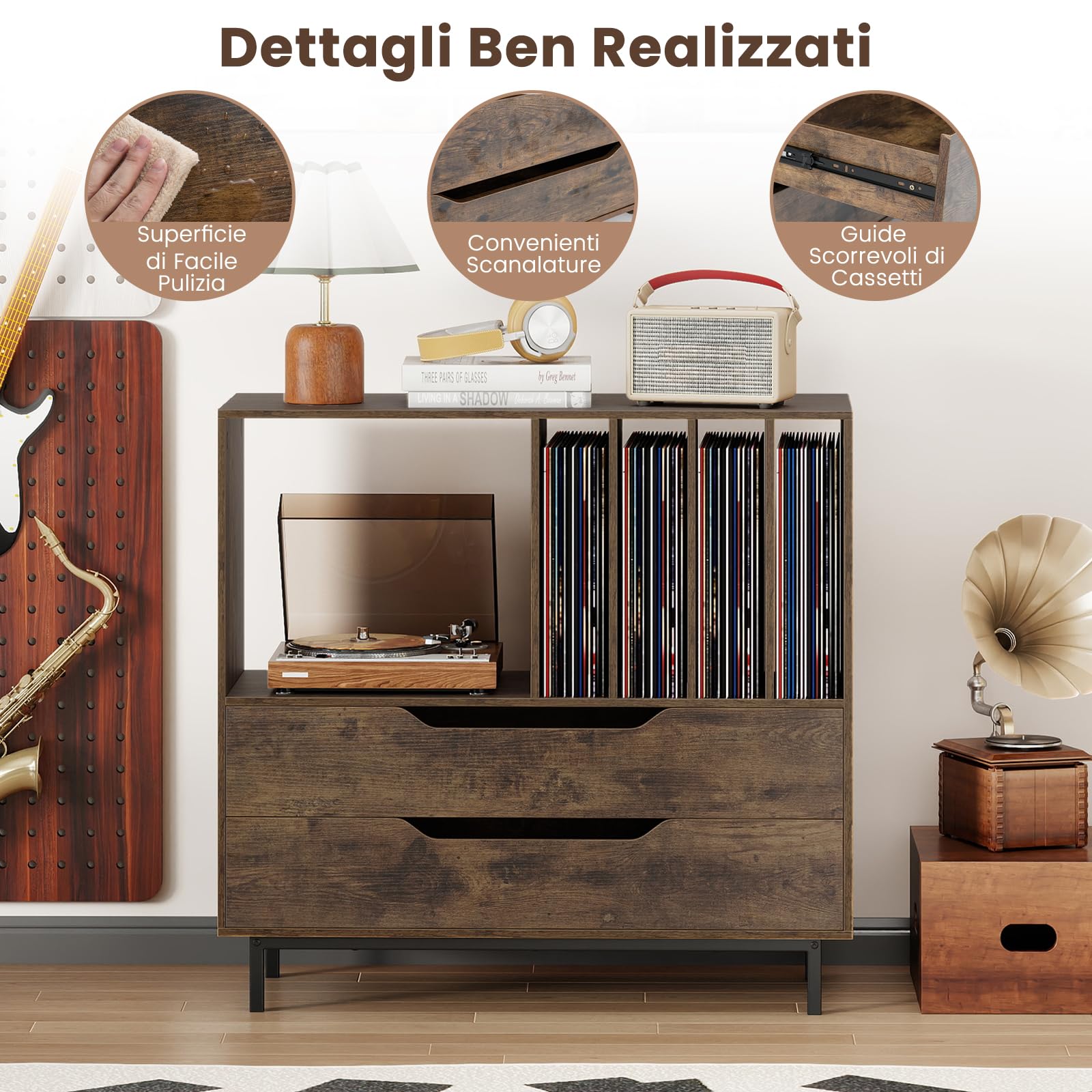 COSTWAY Supporto per Giradischi, Porta Dischi Vinile con 4 Ripiani per Vinili e 2 Cassetti, Armadio per Dischi Fino a 250 Album, per Soggiorno, Studio e Camera da Letto, 91 x 35 x 87 cm (Marrone)