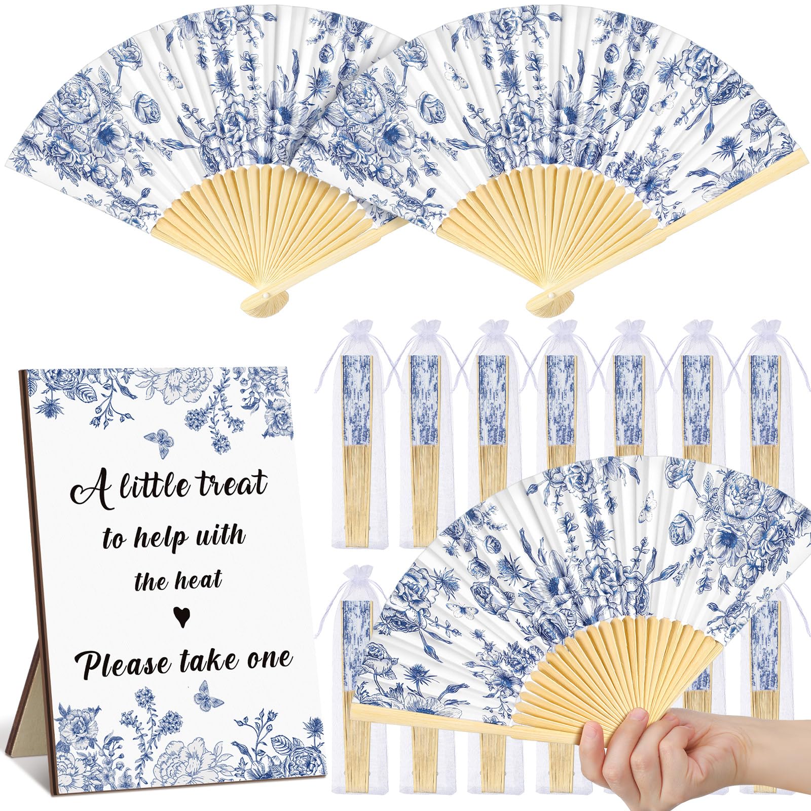 Photo 1 of Leinuosen 51 Pcs Wedding Favors for Guests Bulk 25 Wedding Foldable Hand Fans Handheld Paper Fans with 25 Organza Bags and a Table Sign Dusty Blue Decor for Bridal Shower Favor Appreciation