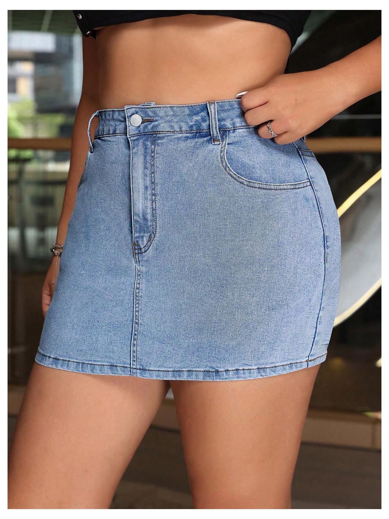 Floerns Minigonna da donna a vita alta in denim taglie forti con tasche