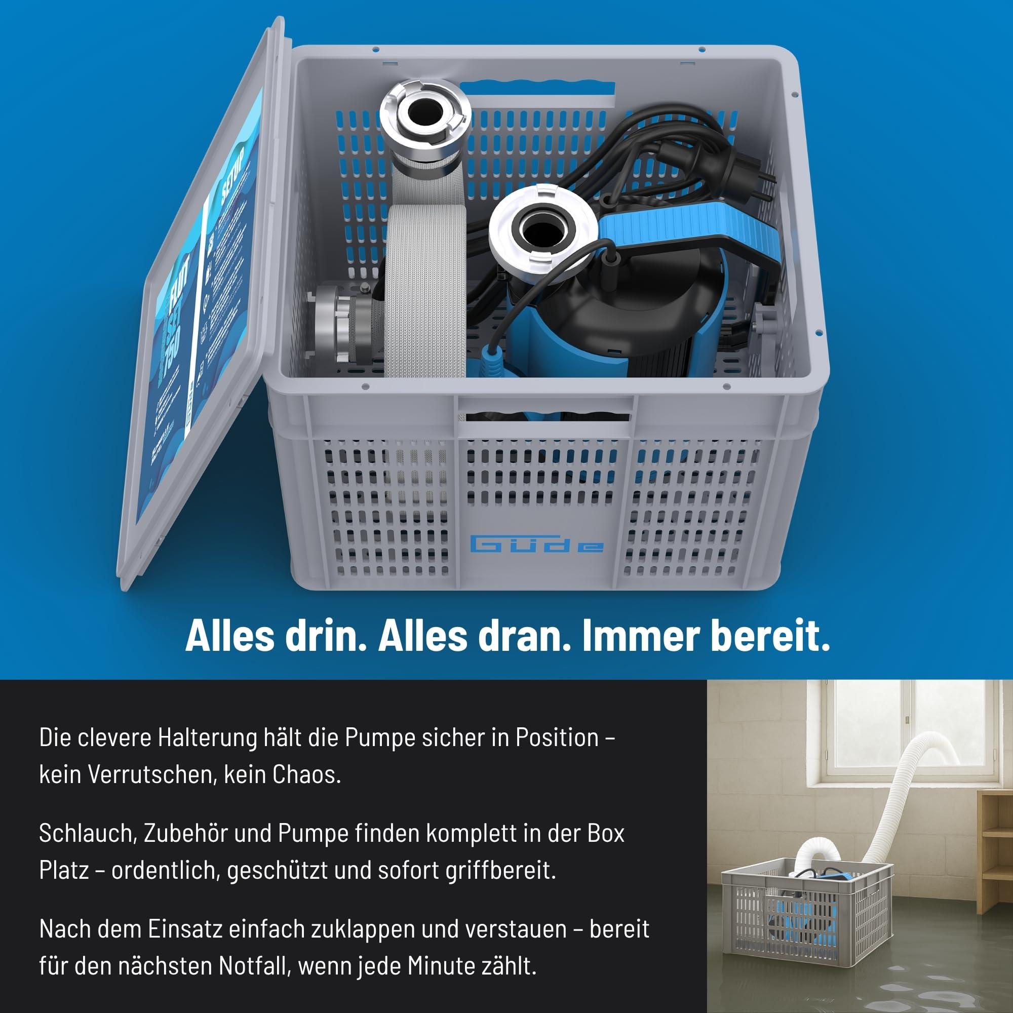 Güde Hochwasser Flut-Set 750-230 Volt, 750 Watt, 12000 Liter pro Stunde maximale Fördermenge, 8 Meter maximale Förderhöhe, 7 Meter maximale Eintauchtiefe, inkl. 10 Meter Druckschlauch, Transportbox