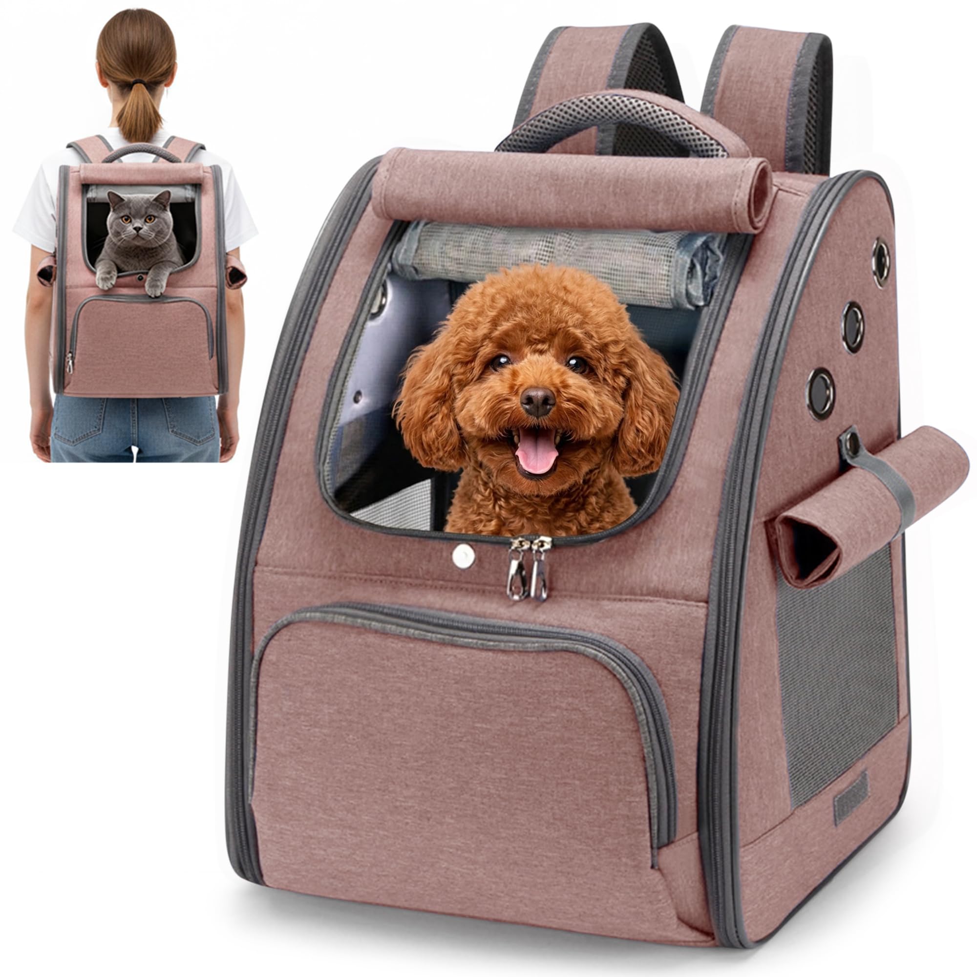 ALLSOPETS Sac à Dos pour Chat et Chien, Pliable et Respirant, Brun Rosé | Sac de Transport Chat avec Pare-Soleil Rétractable et Design Respirant, Sac pour Confortable pour Voyage, Randonnée, Camping