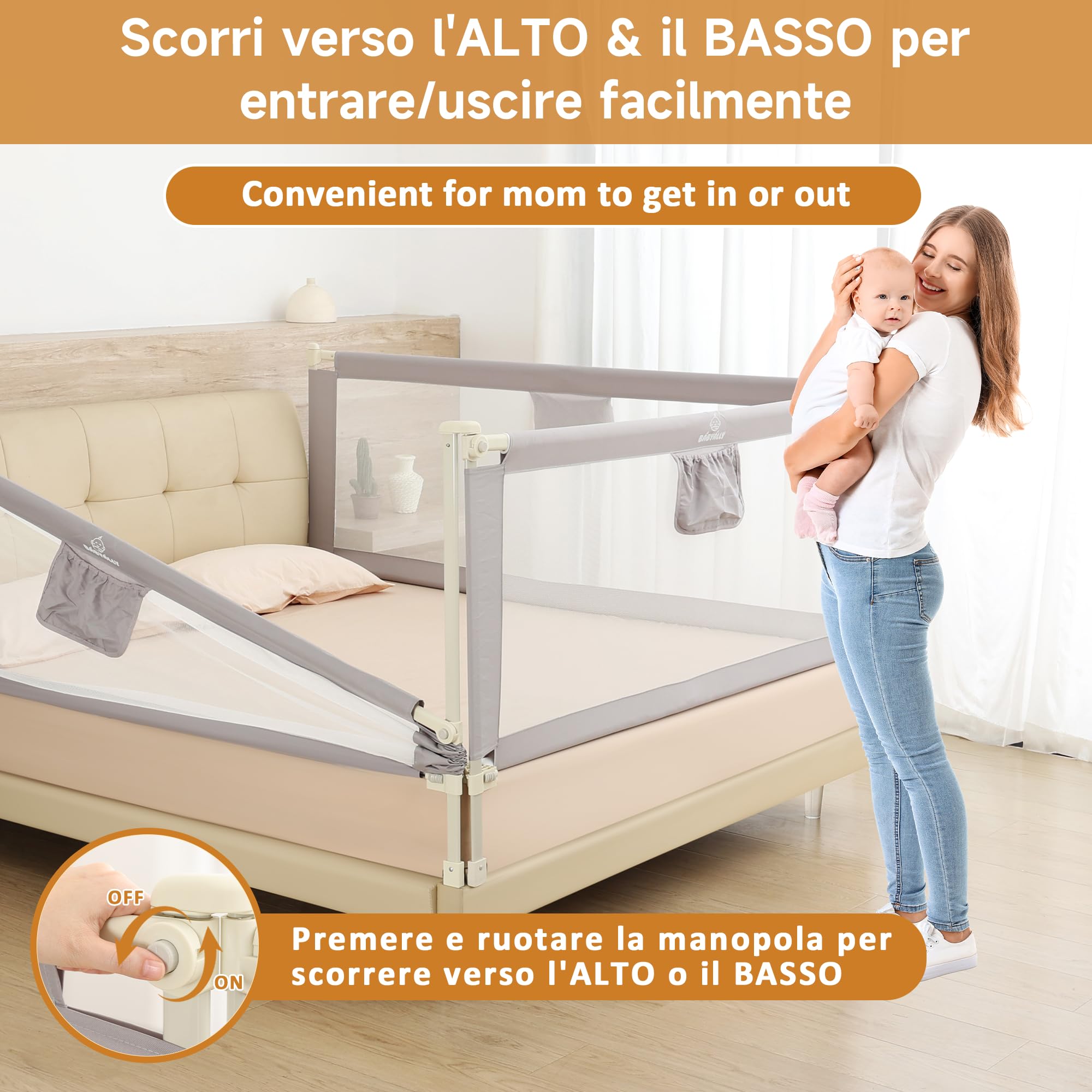 Sponda Letto Bambini 180 cm, Universale Barriera Protettiva Bambini Barriera Letto - Installazione Rapida in 3-5 Minuti, Grigio