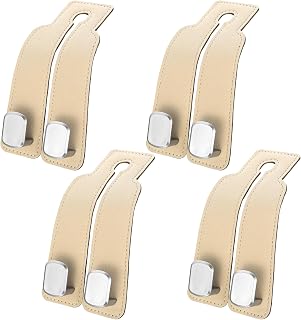 4pcs Double Car Seat Hooks, Hidden Leather Hooks for Headrest and Backrest, Multifunctional for Hanging Bags and Coats, Car Interior Accessories (Beige)