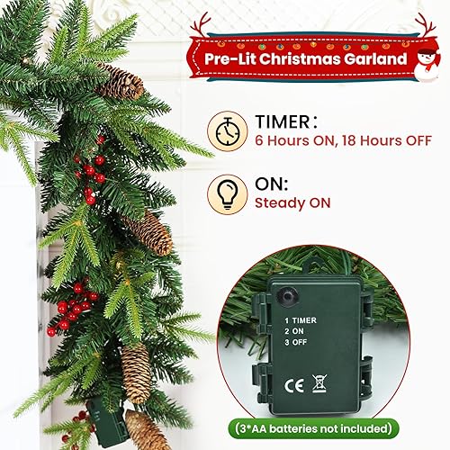 Miniatura 3 de Guirnalda de Navidad, guirnalda de Navidad preiluminada de 9 pies con luces, funciona con pilas con conos de pino y bayas rojas, vegetación