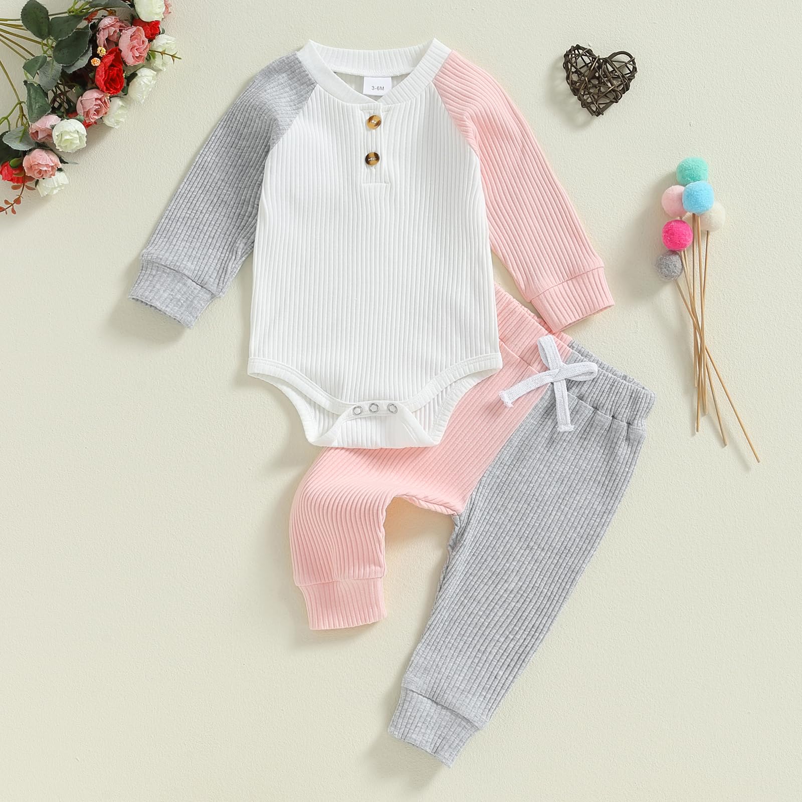 Thorn Tree Newborn Infant Baby Girl Clothes Ribbed Knitted Long Sleeve Romper Long Pants Stretchy Fall Outfits (White Pink Grey, 3-6 Months)