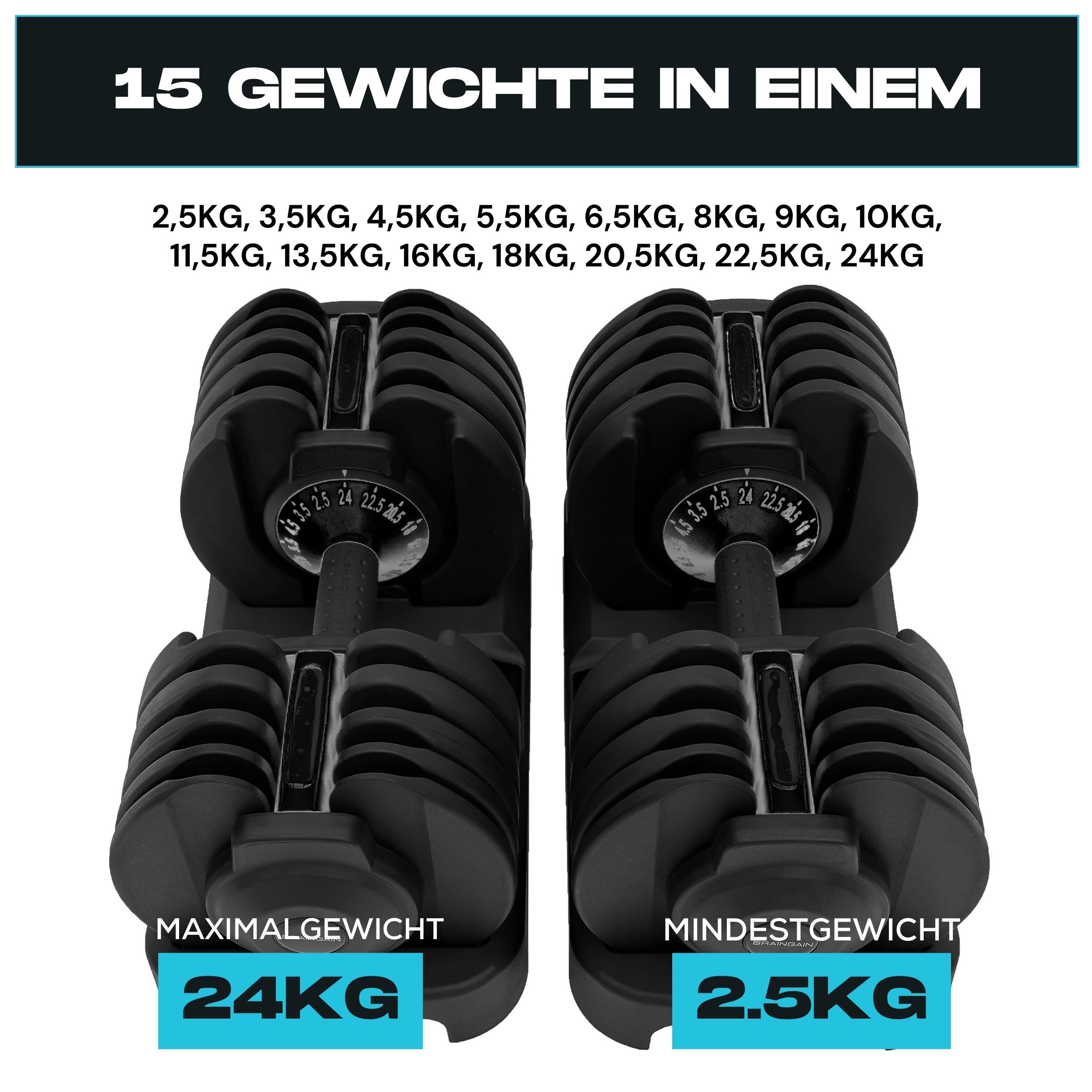 BRAINGAIN Verstellbares Kurzhantel-Paar 15 in 1 24kg Smart-Click-Technologie Anti-Rutsch-Griff