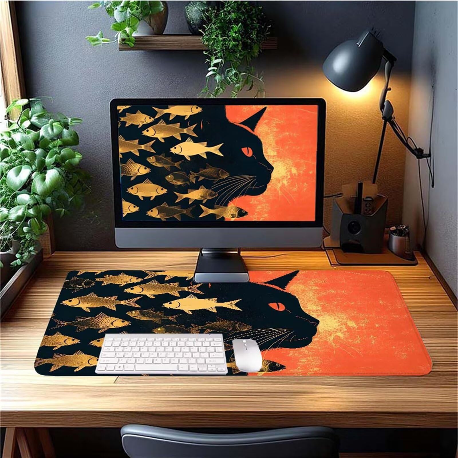 Alfombrilla Ratón Gato Pez Alfombrilla Ratón XXL 1400x600x3mm Mouse Pad Resiste Salpicaduras, Extendida de Gran Tamaño con Bordes Cosidos, Mejora Precisión y Velocidad, Antideslizante, Duradera y-351