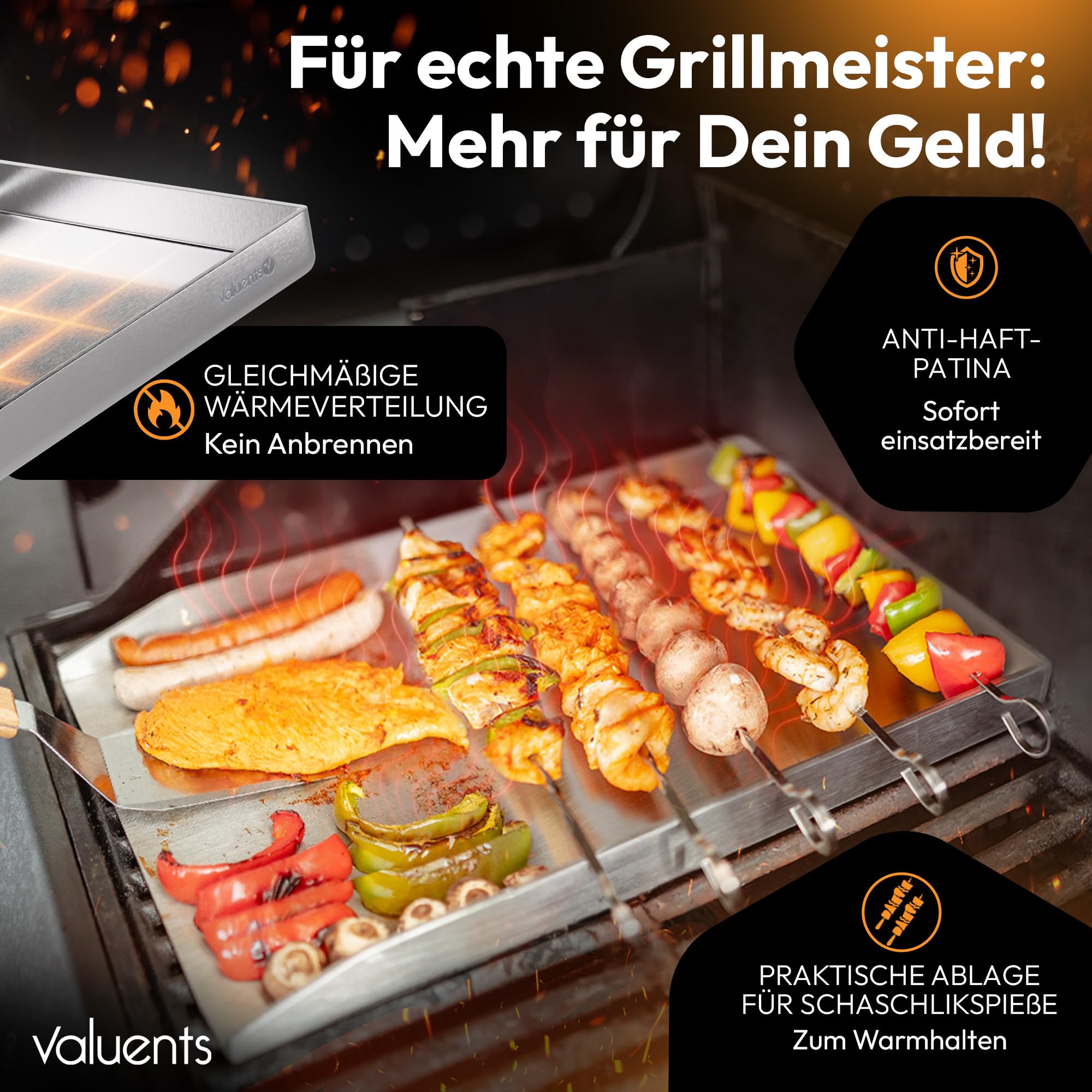 Plancha Grillplatte aus rostfreiem Edelstahl 40x30 cm für Gasgrill & Kohlegrill mit Bürste & Grillspachtel