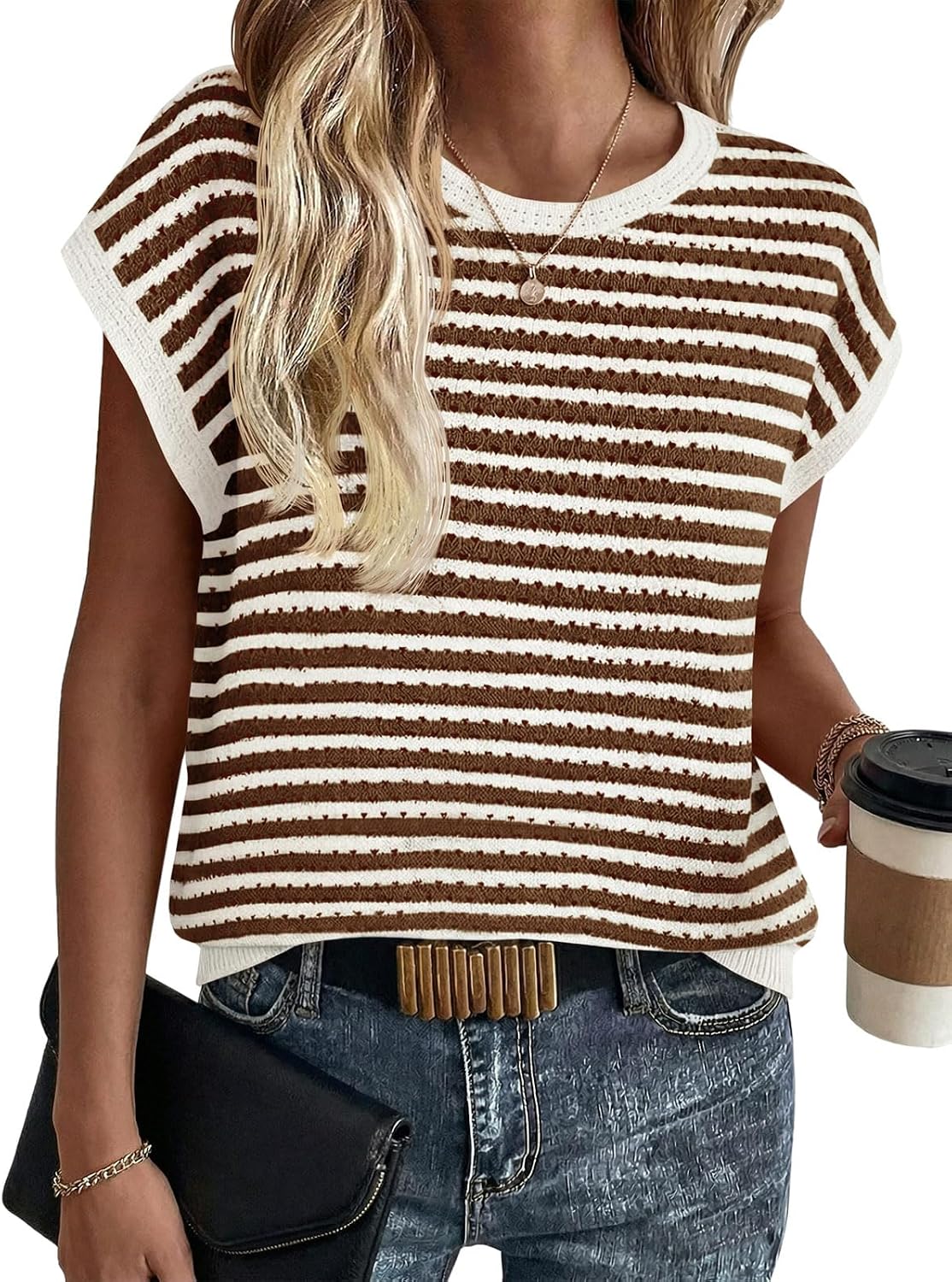 Saodimallsu Womens Short Sleeve Sweater Summer Striped Crochet Tops Casual Cap Sleeve Crewneck Knit Sweater Vest T-Shirts