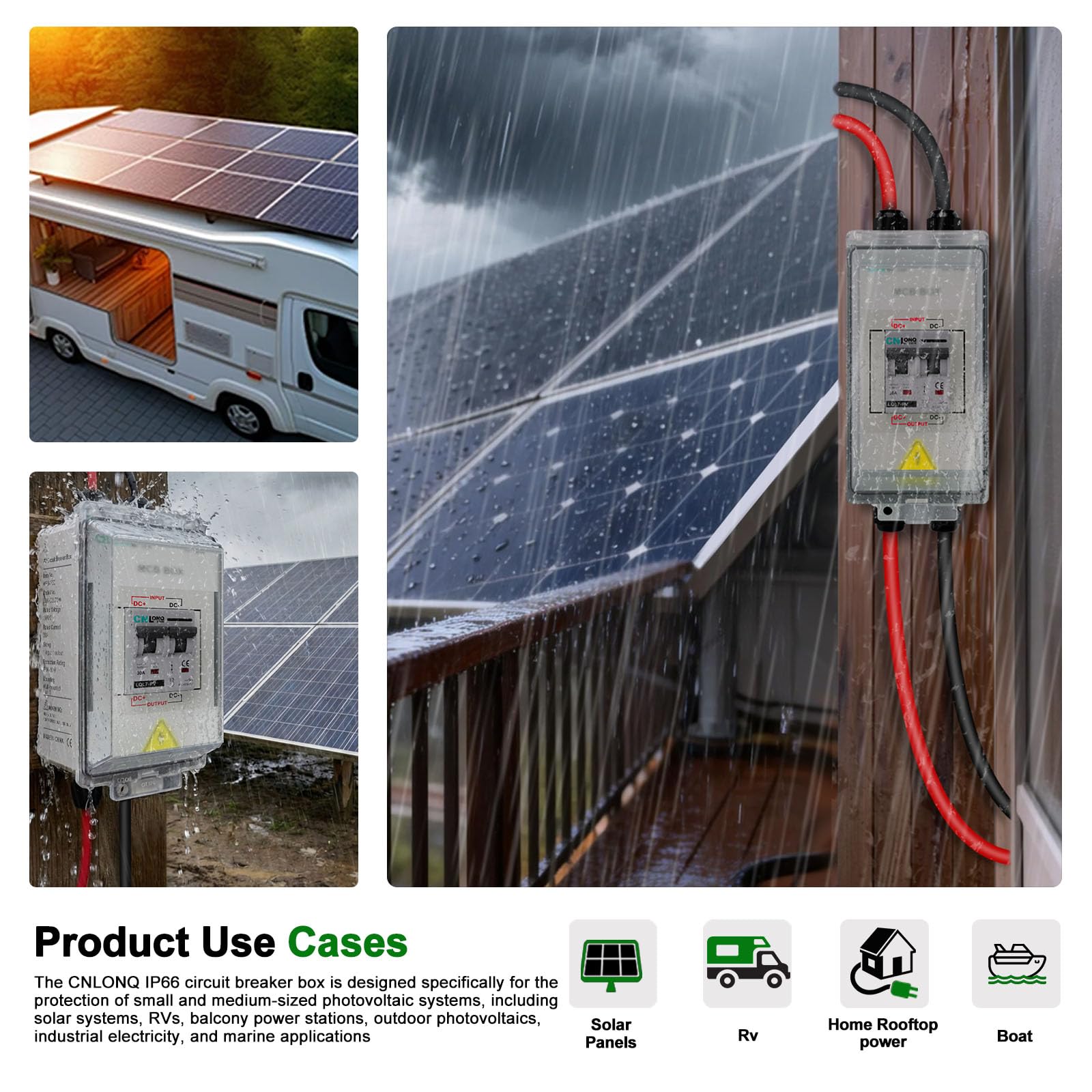 CNLONQ DC Trennschalter PV Anlage 32A 1000V Sicherungsautomat 2polig IP66 Wasserdicht mit PG Stecker und Metallhaken für Solarmodule, Einspeisesteckdose und Balkonkraftwerk