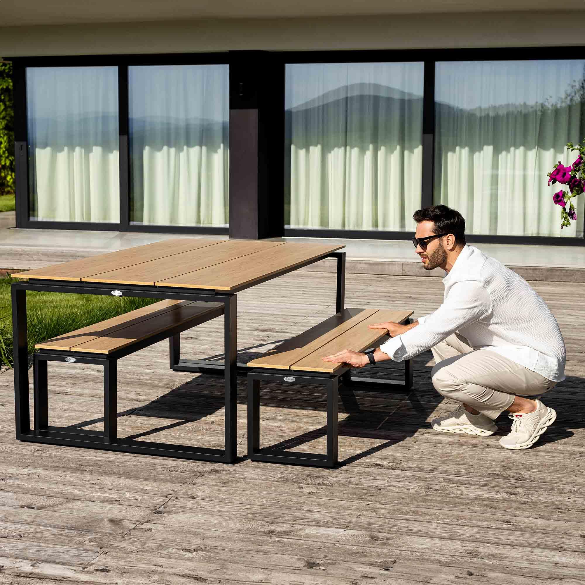di volio Gartenbank Pisa aus Aluminium, Holzoptik, 160x36,5x41,5 cm, Gartenbank - wetterfest & langlebig, für Garten, Terrasse und Balkon (2)
