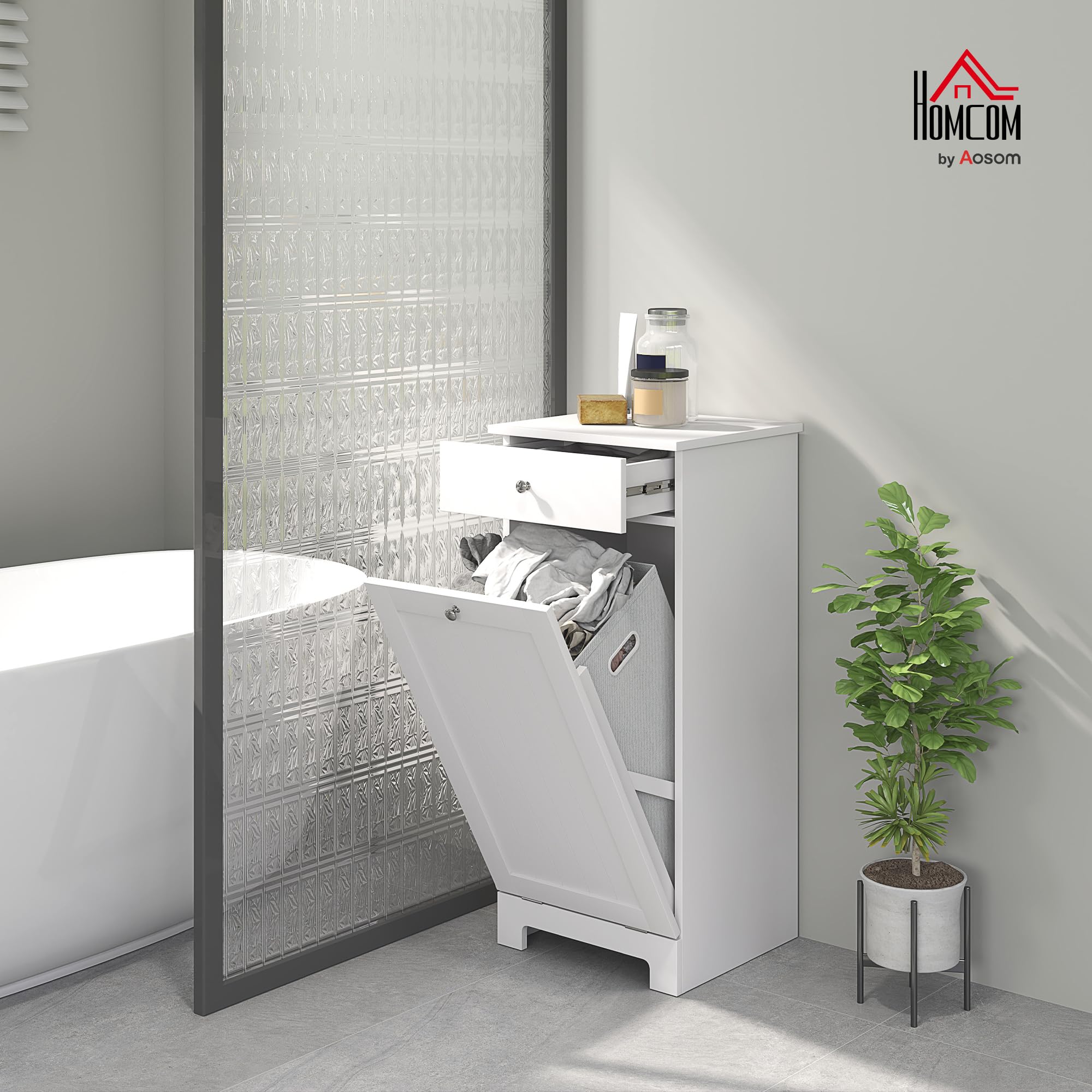 HOMCOM Armario de Baño con Cesto Ropa Sucia Abatible, Mueble Ropa Sucia con Bolsa de Tela Plegable y Cajón, Ideal para Lavandería, Blanco, 40x38x90 cm