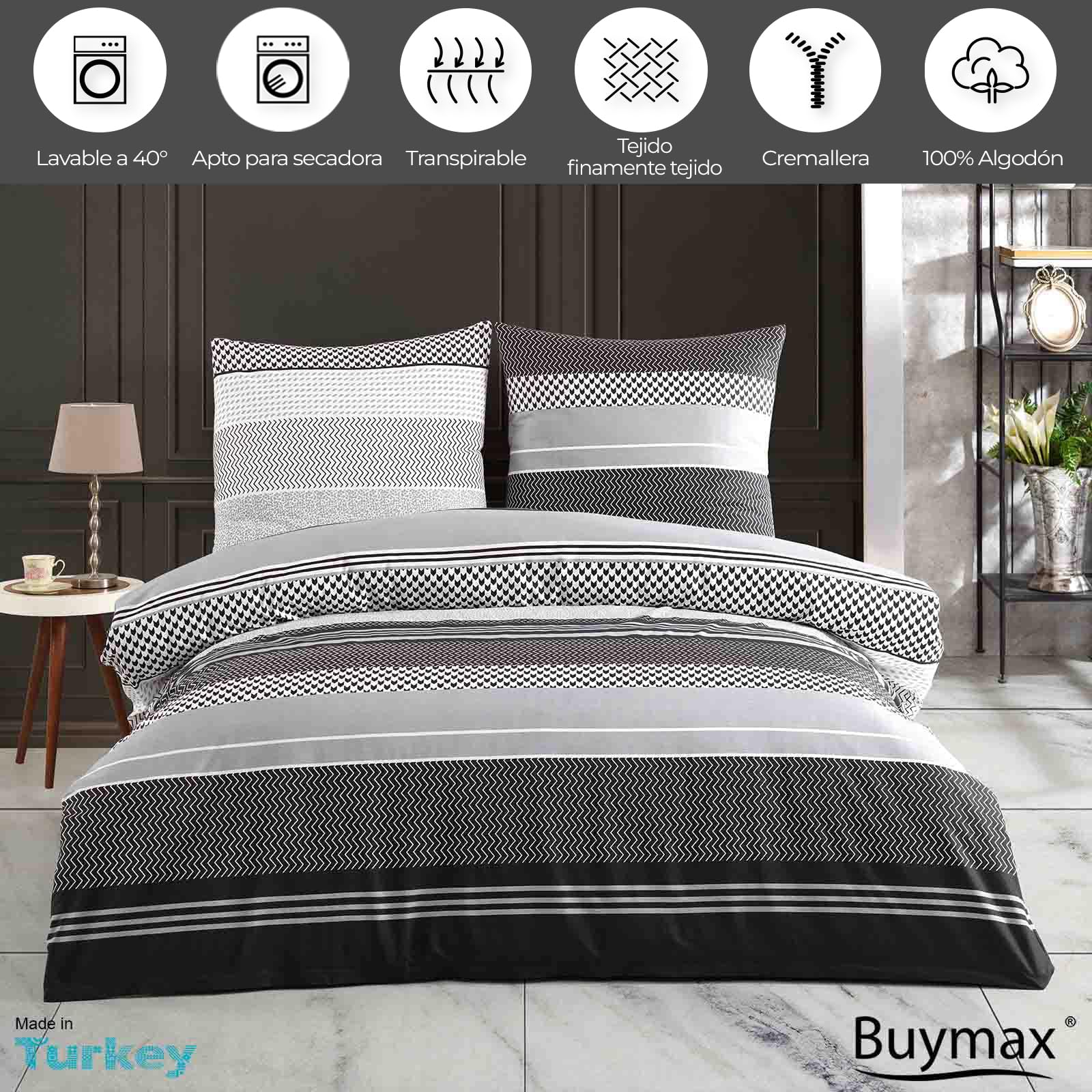 Buymax Ropa de cama de 200 x 200 cm, 100% algodón, 3 piezas, juego de ropa de cama de 200 x 200 cm con 2 fundas de almohada de 80 x 80 cm, certificado Öko-Tex Renforcé, juego de funda nórdica con