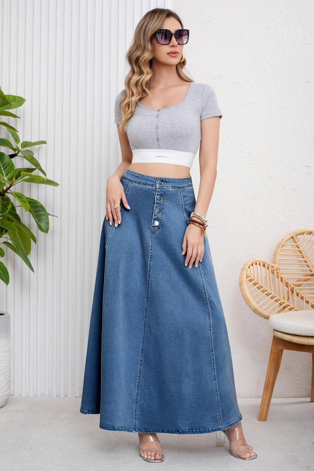 ebossy Women's Retro High Waisted Button Fly Flared Long Jean Skirts Pleated Flowy Swing A-line Denim Maxi Skirts - Image 4