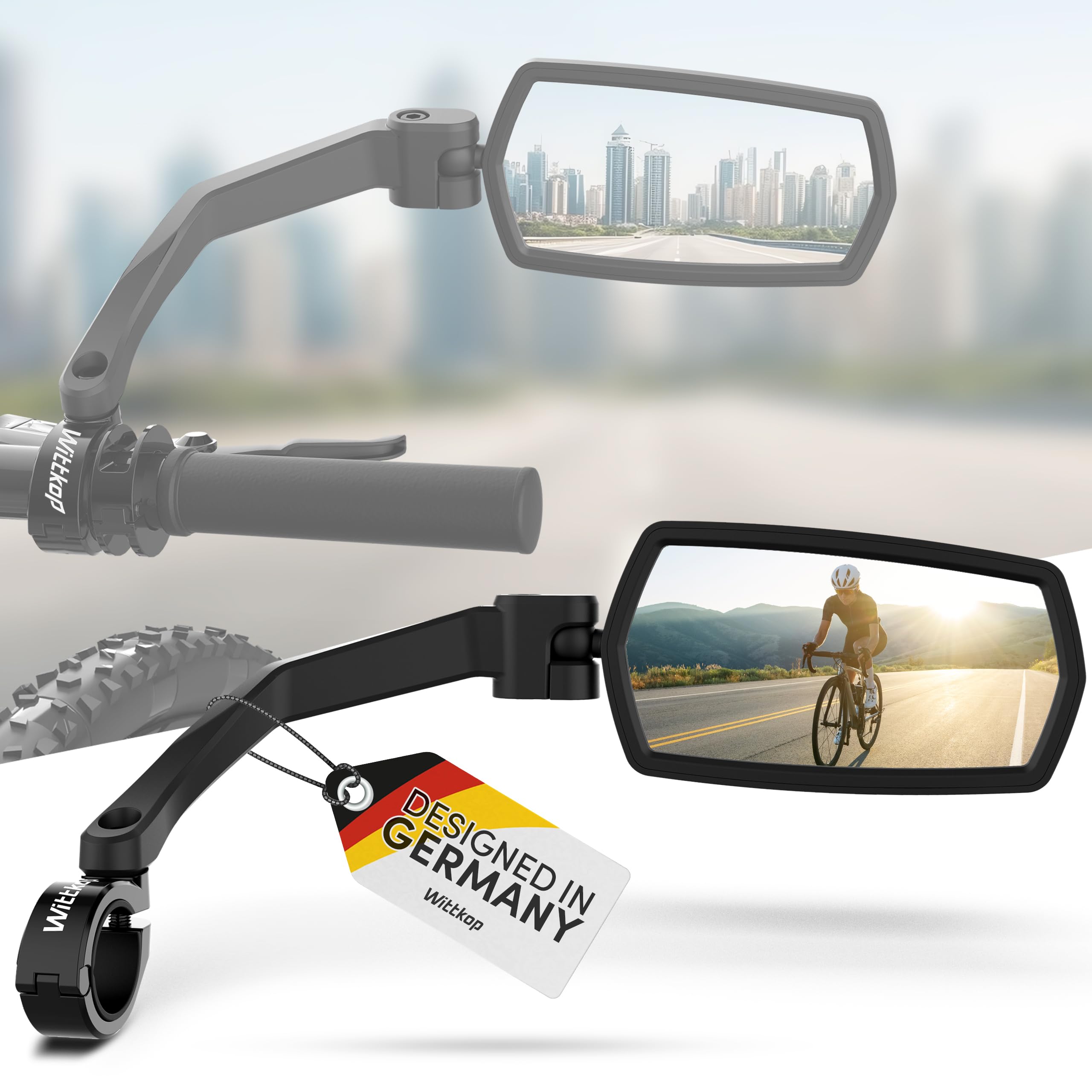 WITTKOP Fahrradspiegel | Großes HD Sichtfeld | 360° Dreh- & Einklappbar | Montage Ober- & Unterhalb | Bruchfest & Langlebig | Konvexer Rückspiegel für Fahrrad, E-Bike | Rechts, Lenker, ebike