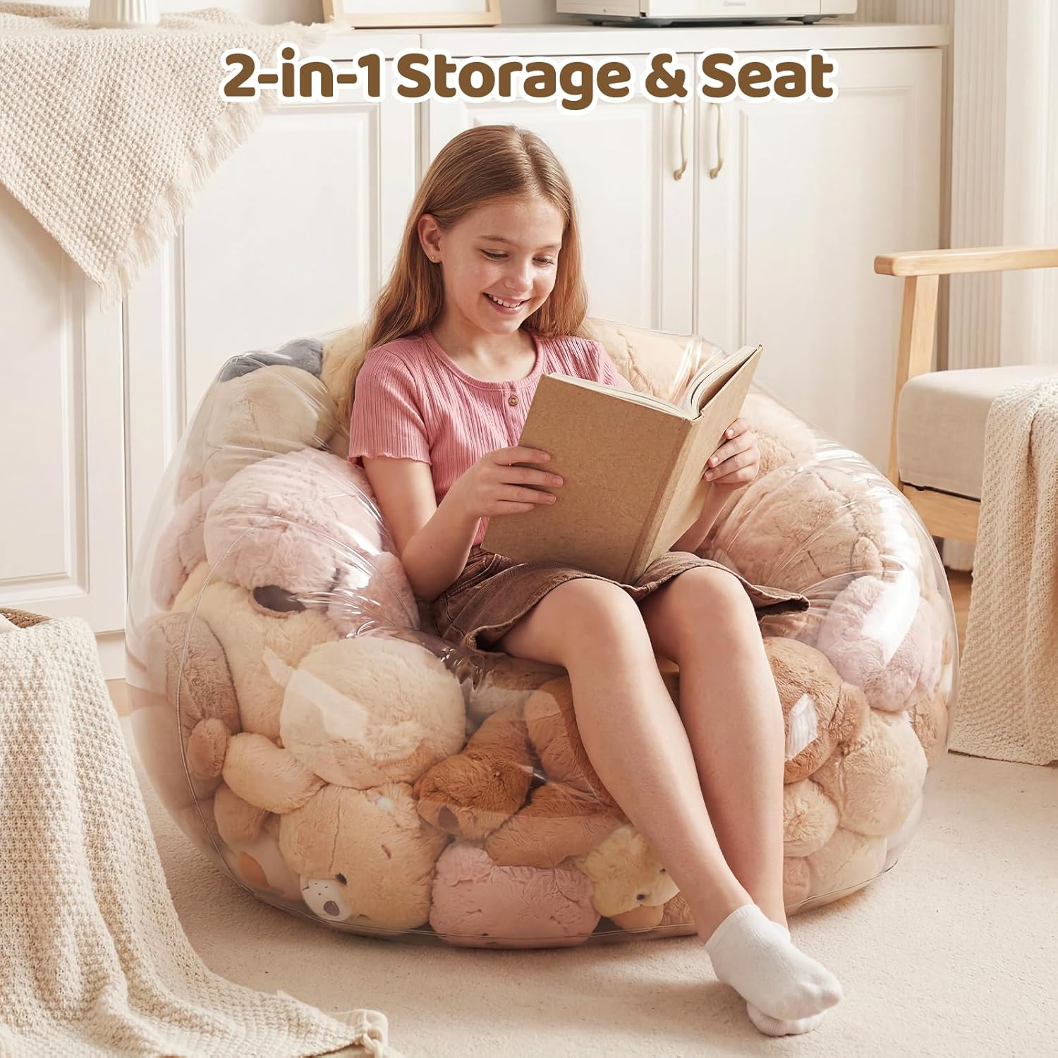Clear Stuffed Animal Storage Chair 37" x 38", Heavy Duty 0.35mm PVC, See-Through Bean Bag Chair for Adults & Kids, Waterproof Plush Toy Organizer Supports 330 Lbs