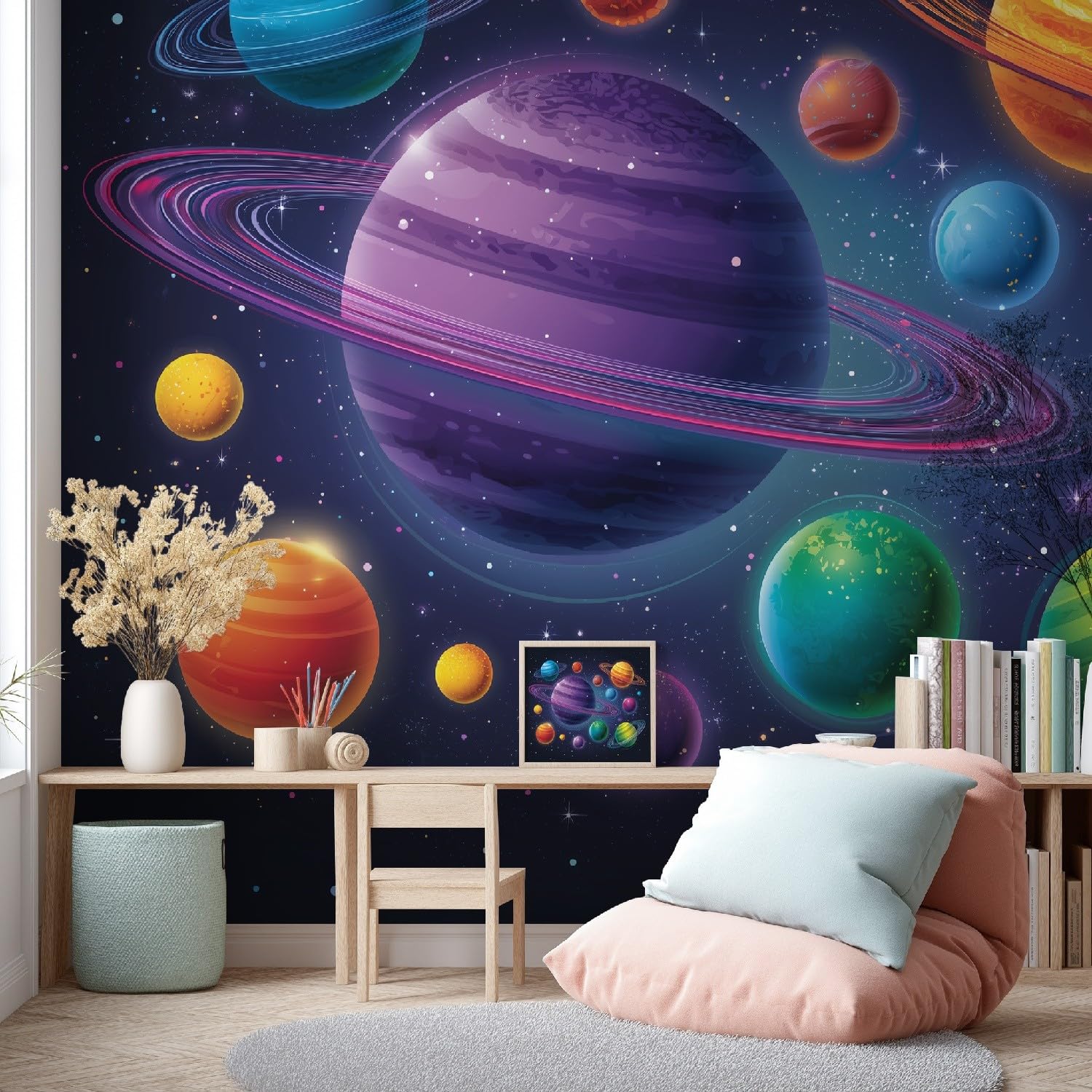 Mural de pared de astronomía de ciencia ficción del espacio exterior, diseño de planetas del sistema solar, calcomanías de pared para decoración del hogar, fondo de televisión, gran arte, pintura