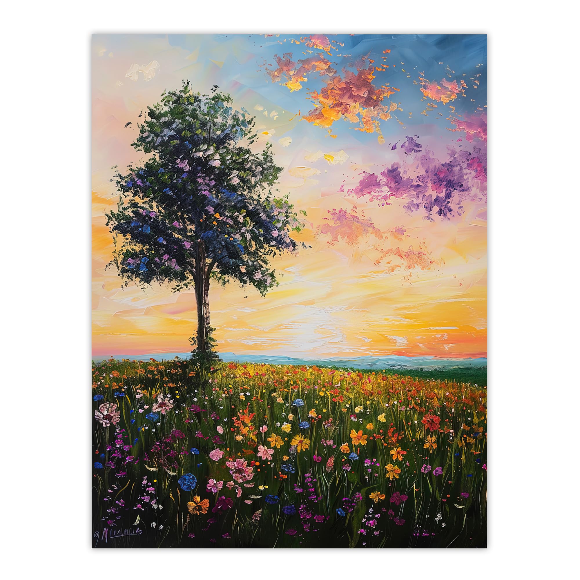 Artery8 Tree Spring Wildflower Meadow Sunset Oil Painting Living Room Extra Large XL Wall Art Poster Print