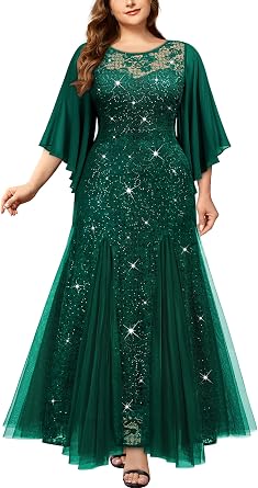 MISSMAY Women's Plus Size Elegant Butterfly Sleeve Chiffon Floral Sequin Lace Contrast Mesh Mermaid Hem Evening Party Long Dress