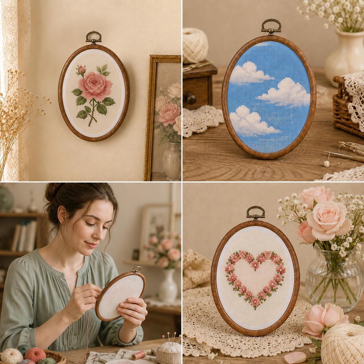 Sibba 5 Pcs Small Embroidery Hoops Oval Imitated Wood Cross Stitch Hoop