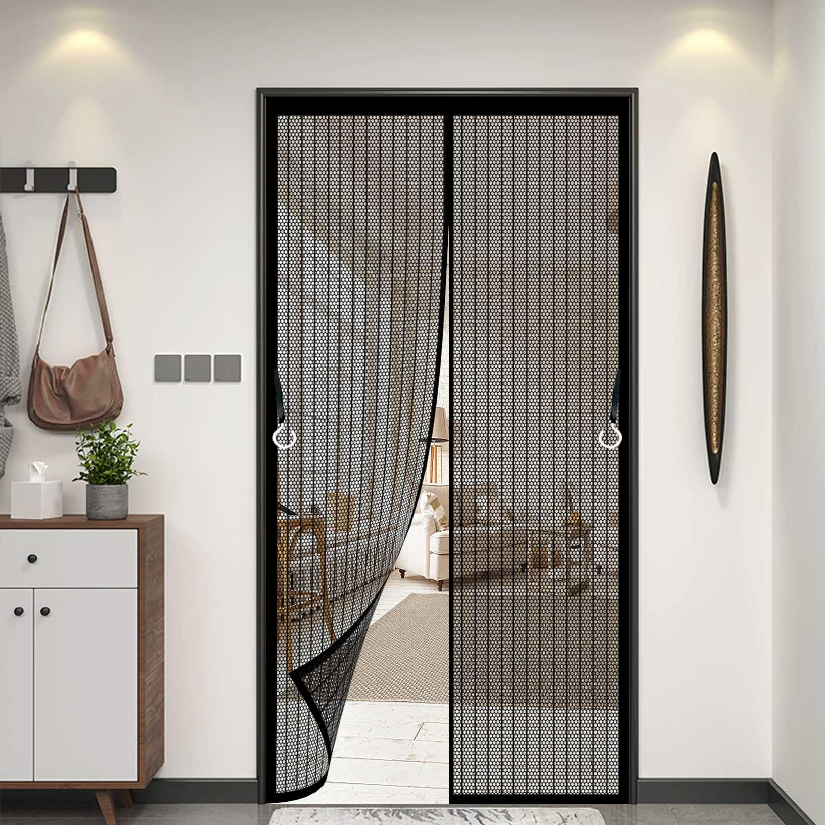 Magnetic Screen Door 84 x 165 cm Heavy Duty Mesh, Magnetic Self-Sealing Door Curtains Fly Screen Easy to Install Without Drilling for Home, Office and Store, Black