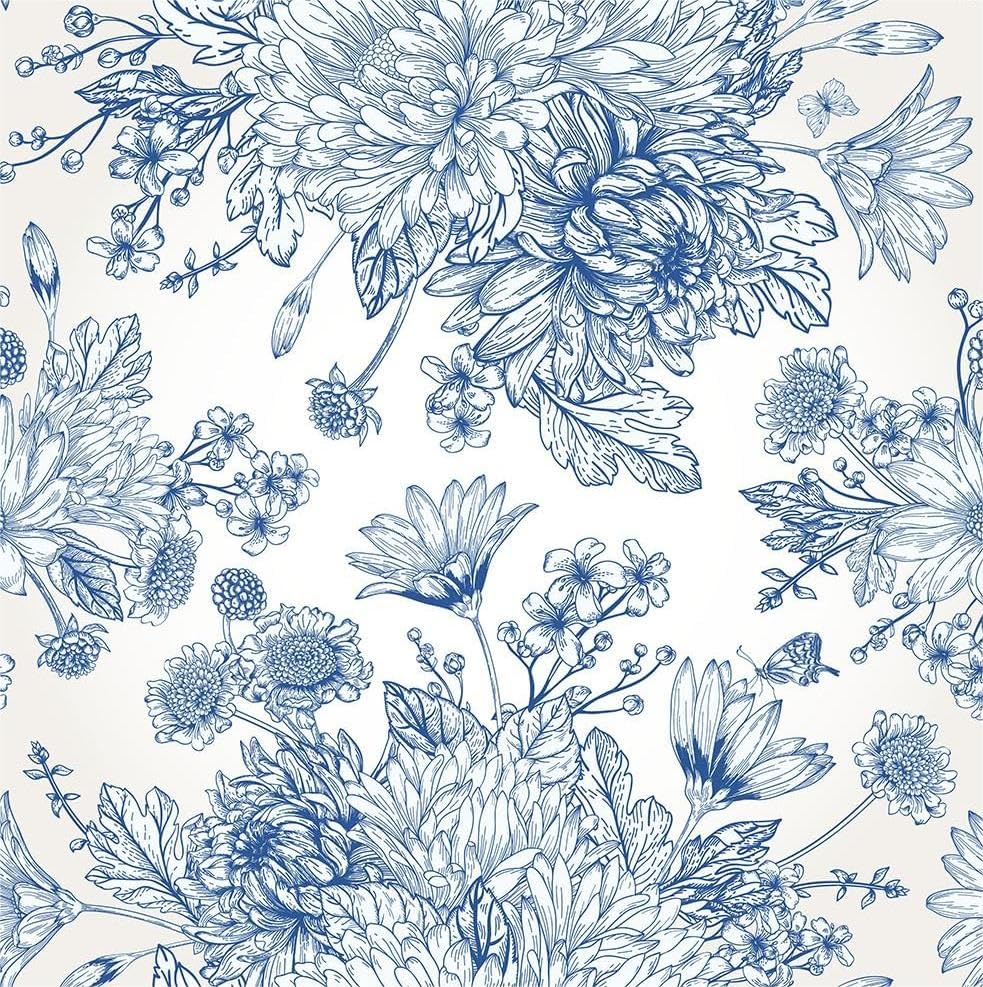 MuralPeel White/Blue Chrysanthemum Flowers Vinatge Floral Bouquet Peel and Stick Wallpaper Self Adhesive Removable Easy Peel Off Stick on Wall Paper