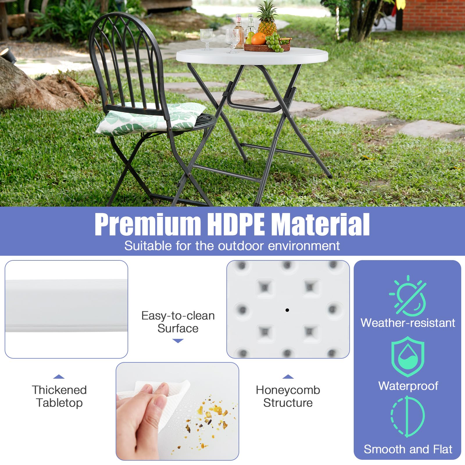 GIANTEX Tavolo Picnic Rotondo Pieghevole, Piano in HDPE e Struttura Metallica Resistente, Dimensioni 81 x 81 x 73,5 cm, Tavolo Portatile Ideale per Campeggio e Giardino