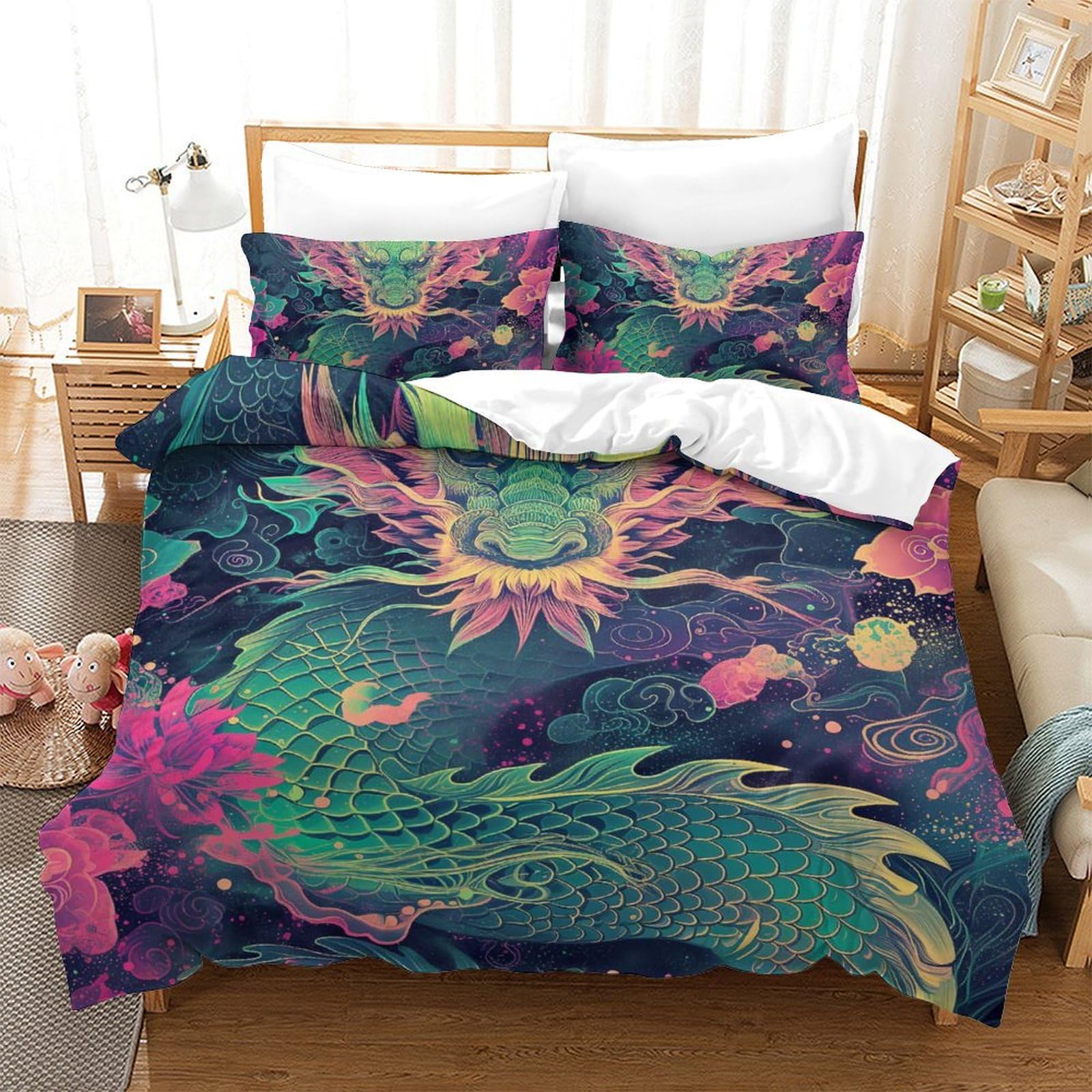 Parure de lit dragon 3D en microfibre avec housse de couette 200x200cm et deux taies
