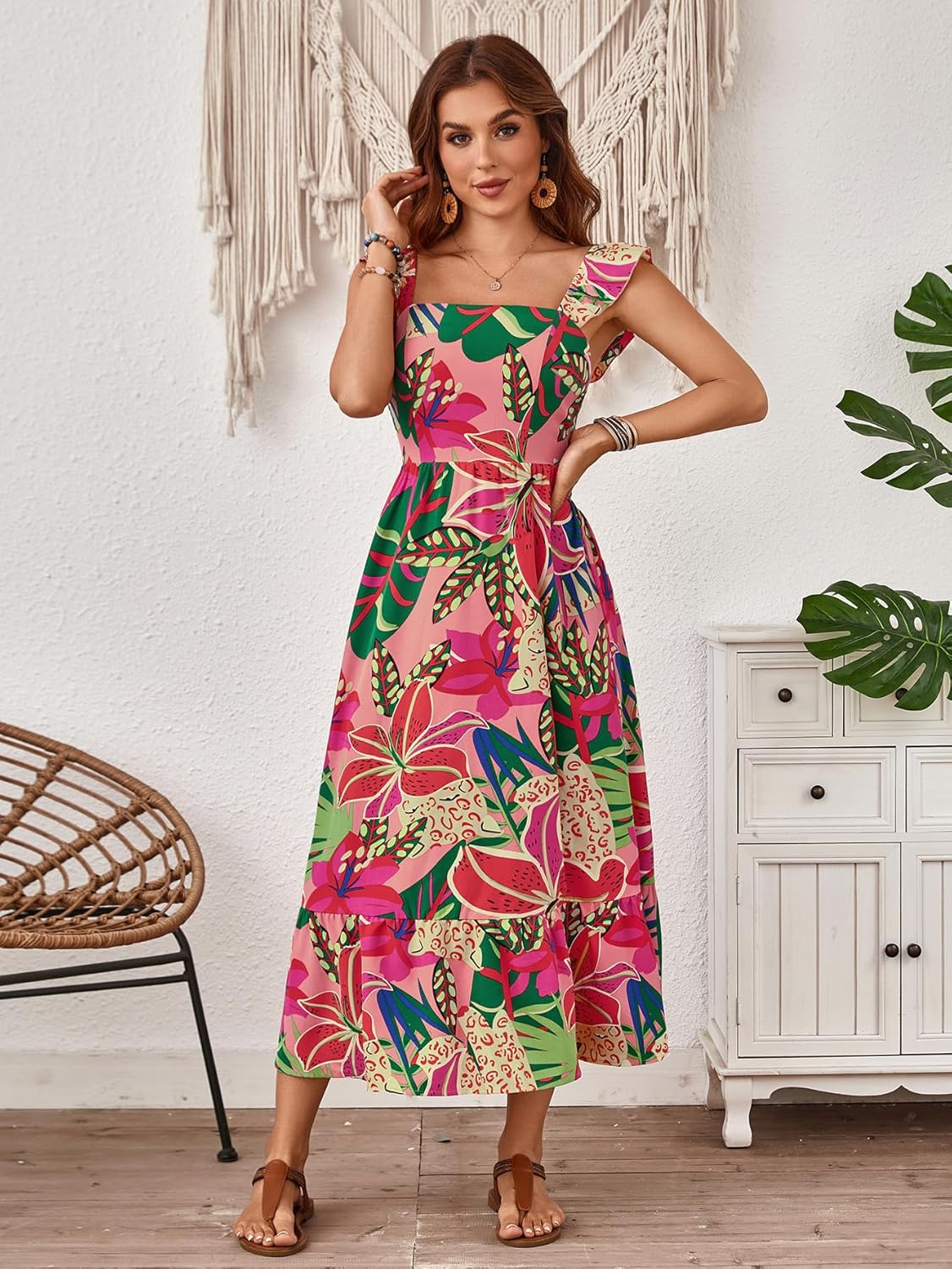 SOLY HUX Women's Summer Tropical Midi Dresses Square Neck Beach A-Line Sun Casual Boho Floral Print Flowy Long Dress - Image 3