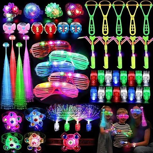 73PCS Glow in the Dark Party Supplies for Kids Adults, Light Up Party Favors with Glow Glasses, Spinner Bracelets, Slingshot, Bulk Glow Party Favors for Kids Halloween, Neon Party Supplies Accessories