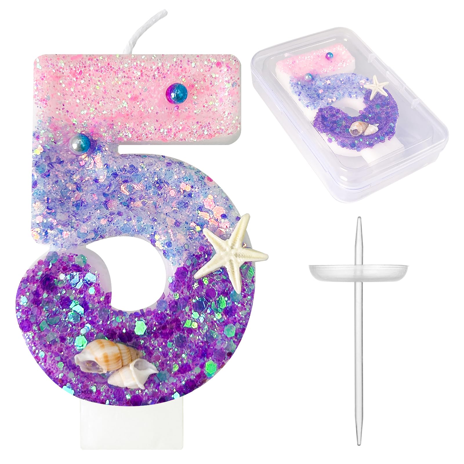 JonesLi 5Th Birthday Candles，Pink and Purple Number Candles，with Conchs, Starfish & Pearls，for Mermaid Theme Party Cake Topper Supplies，Party