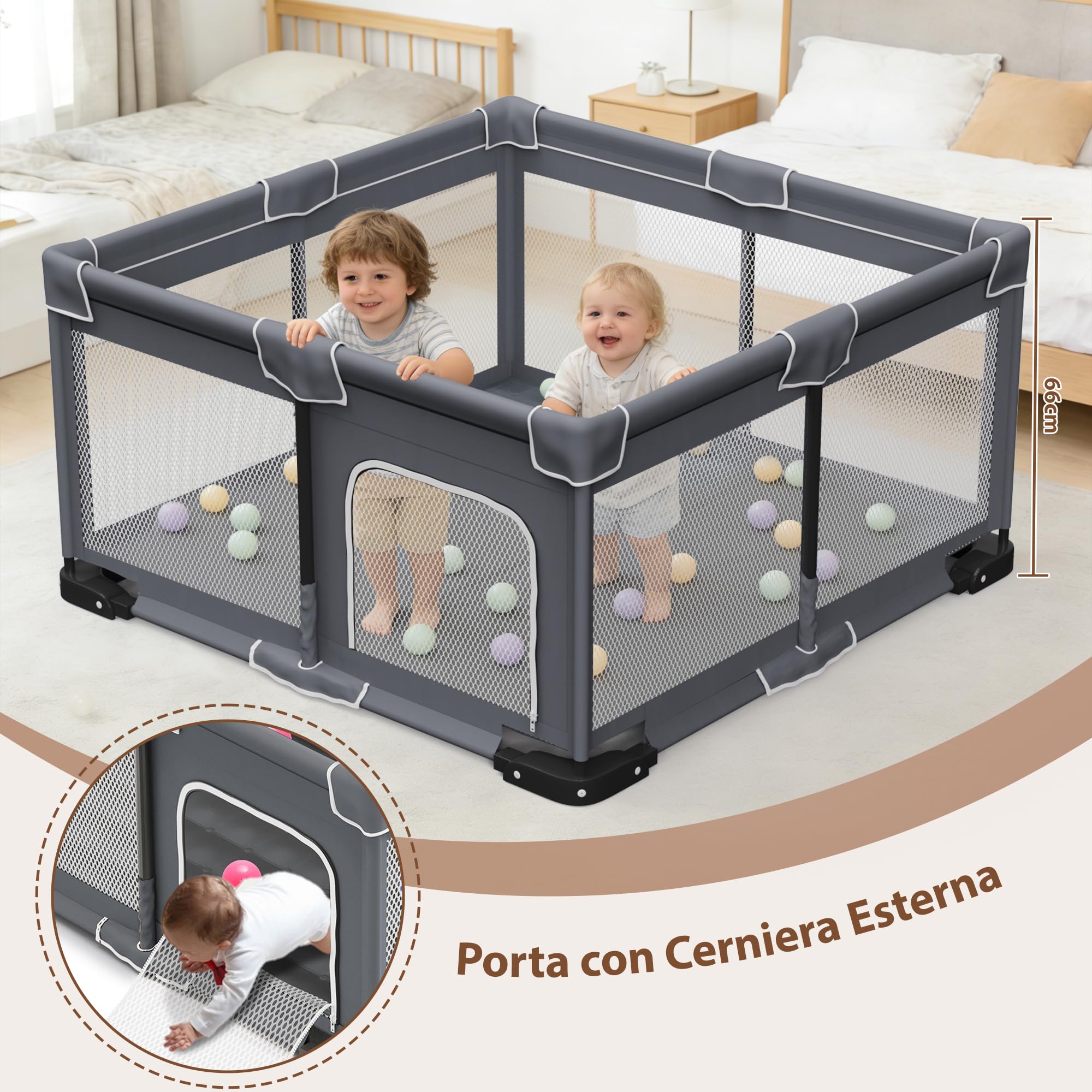 Box Bambini Pieghevole con Materassino e Borsa da Trasporto, Recinto per Bambini 124 × 124 cm, Box Neonato con Montaggio Senza Attrezzi in 1 Minuto, Per Interni ed Esterni