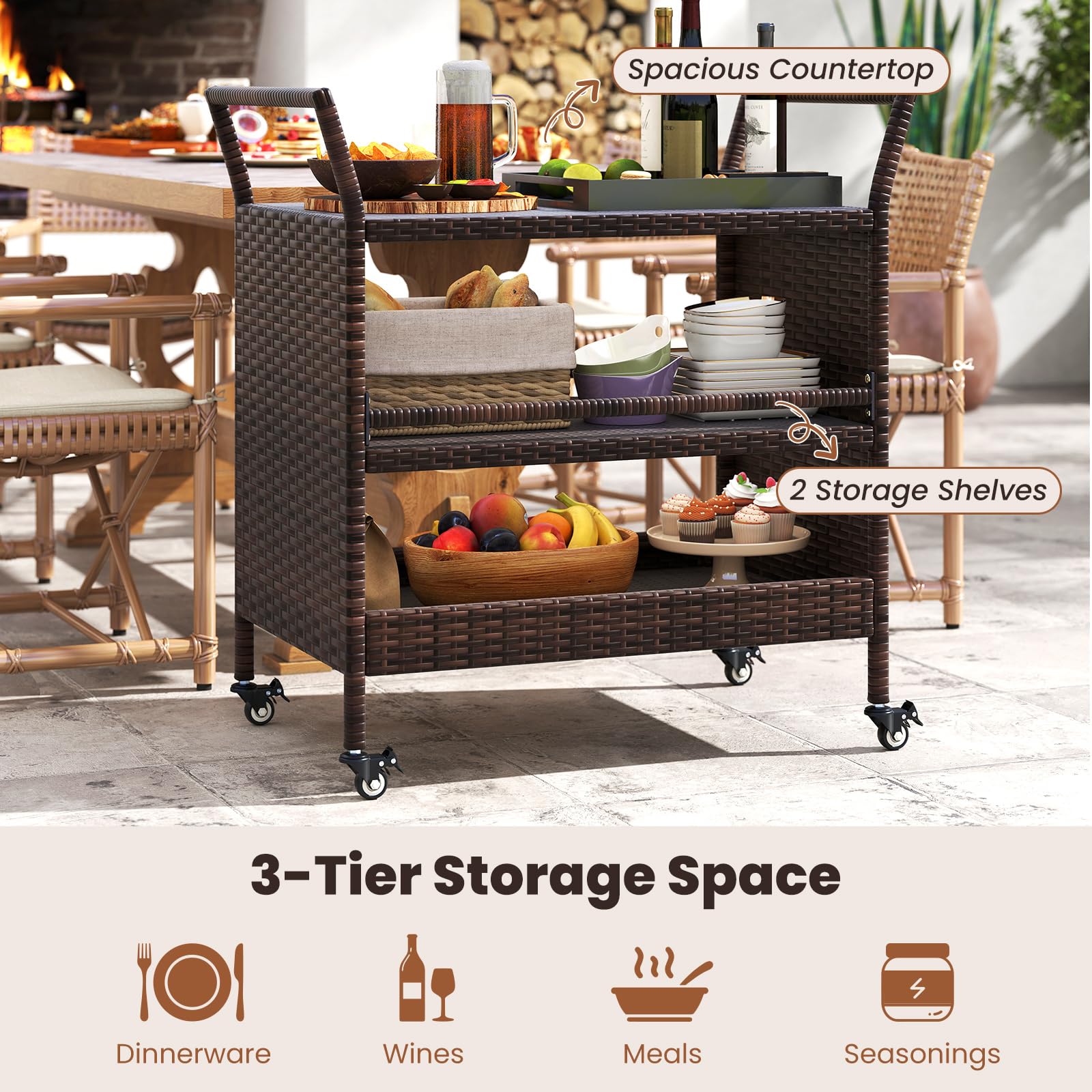 KOMFOTTEU Carro de Cocina con Ruedas, Carrito de Servicio de Ratán de 3 Niveles con Asas, Carro de Barbacoa para Comedor, Jardín, Picnic, 86 x 50 x 89 cm