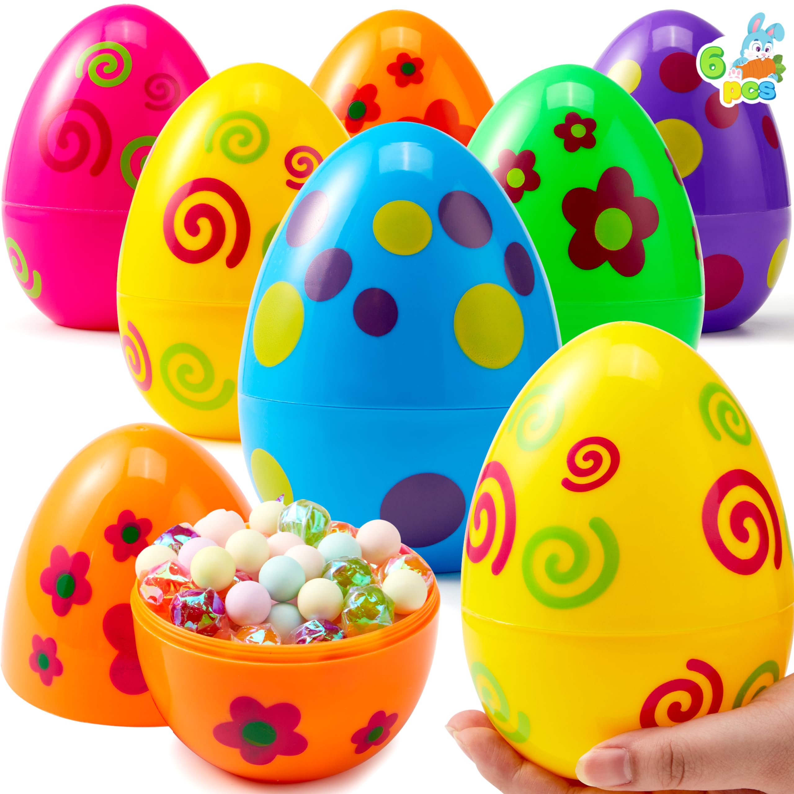 JOYIN 6 Pcs Large Printed Easter Eggs, 6 Inches Jumbo Plastic Eggs Fillable for Easter Themed Hunt Basket Stuffers Fillers Filling Treats Party Favor Classroom Prize Supplies