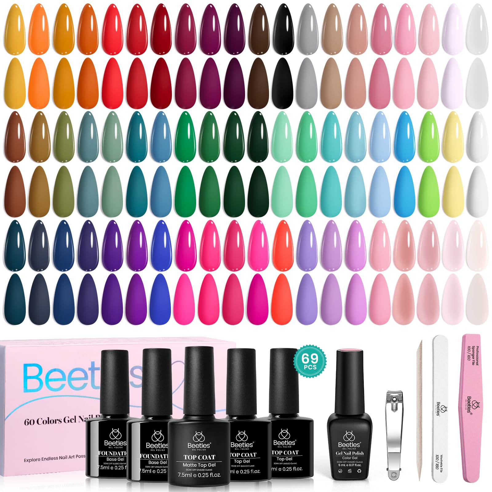 beetles 70Pcs Spring Gel Nail Polish Set- 60 Colours Polish with Base Coat Glossy & Matte Top Coat Soak off UV Gel Emotional Spectrum Collection Red Black Nude White All Seasons Gifts for Her