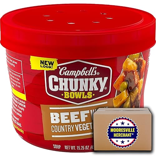 Campbell's Chunky Soup Beef with Country Vegetables, 15.25 onzas líquidas, 3 cuencos para microondas con calcomanía Mooresville Merchant