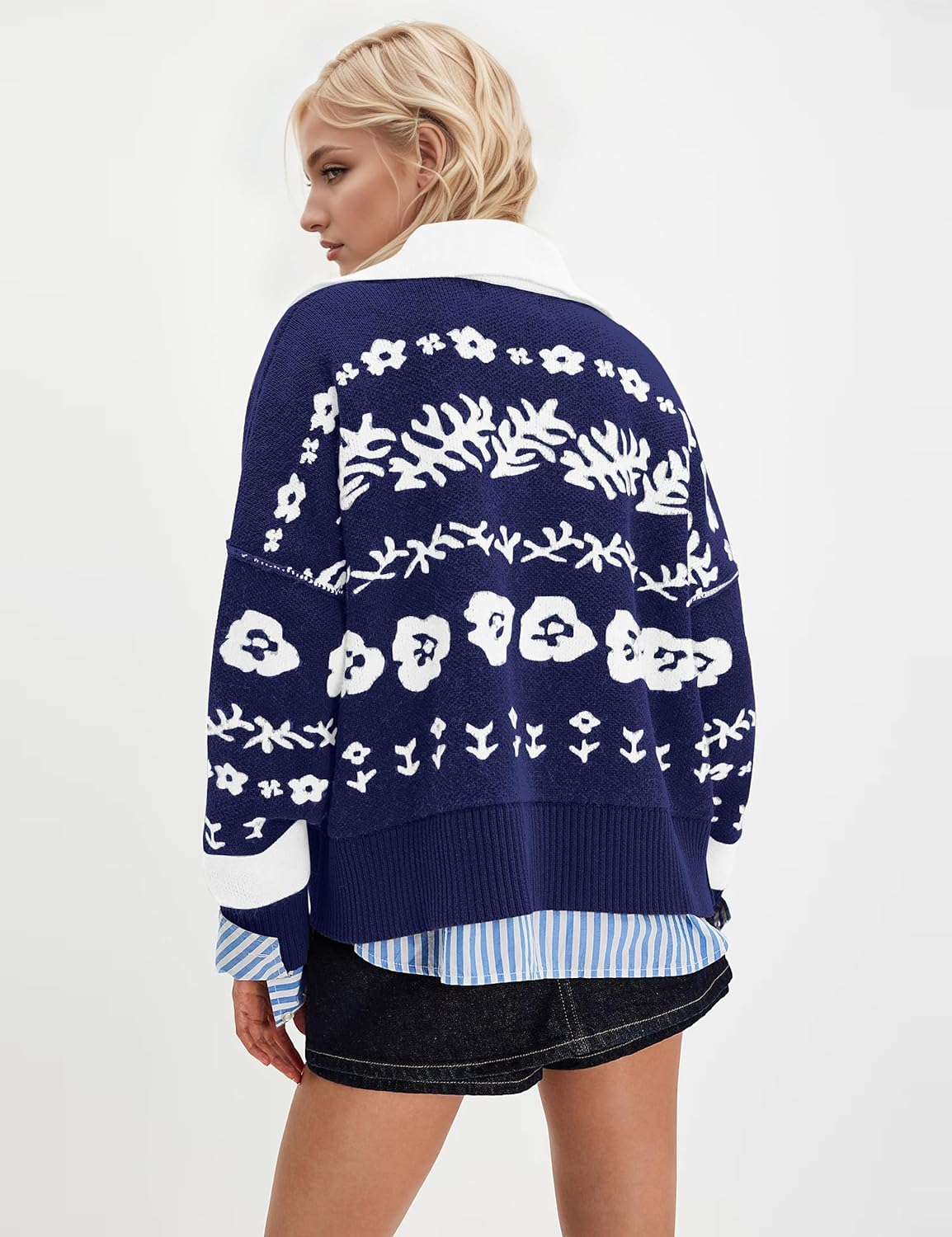 MISSACTIVER Floral Print Button Down Cardigan Sweaters for Women Long Sleeve V Neck Open Front Knit Crop Tops Fall Jacket - Image 3