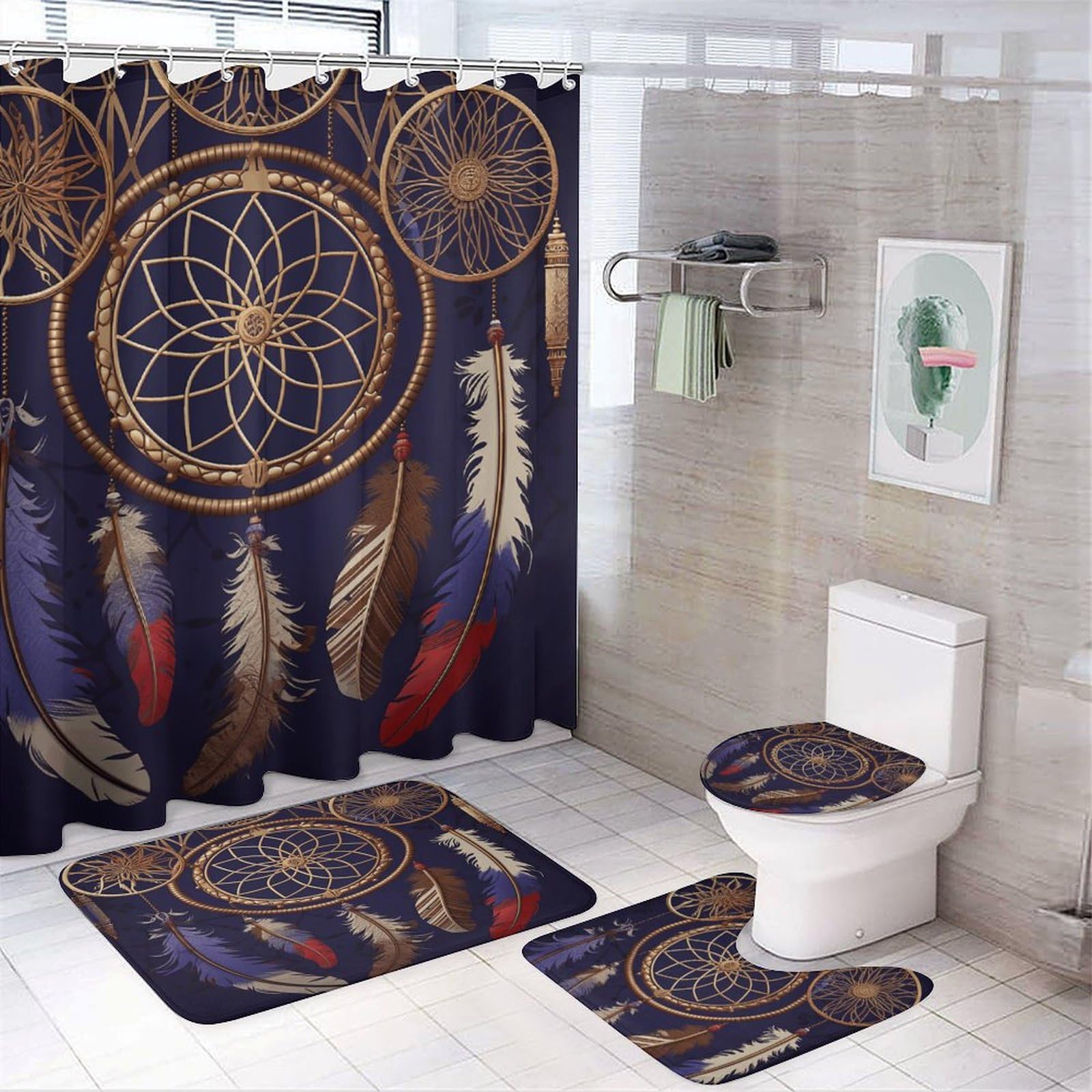 Rideaux de douche attrape-rêves imperméable avec tapis épais et 12 crochets